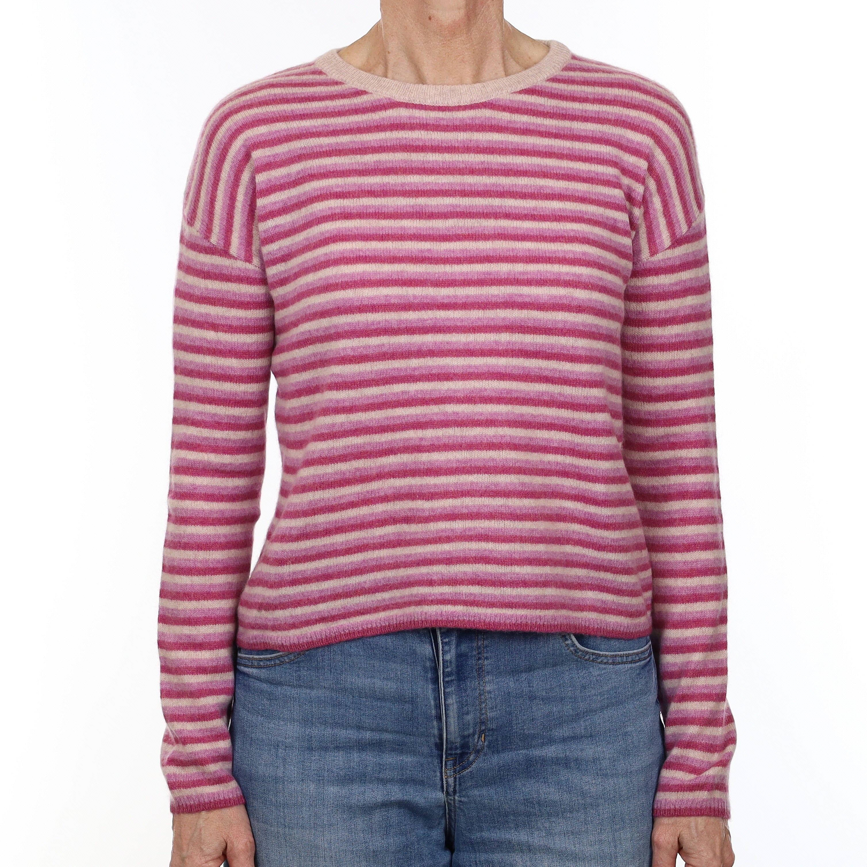 Magenta and Lilac Striped Cashmere Crew Neck Jumper Small