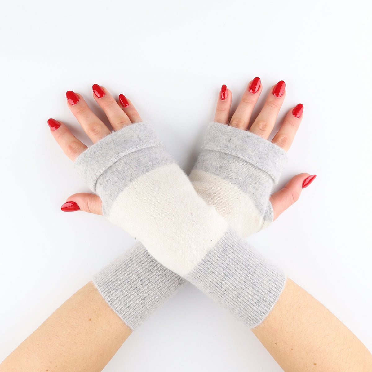 Mist Grey and Cream Block Colour Fingerless Gloves
