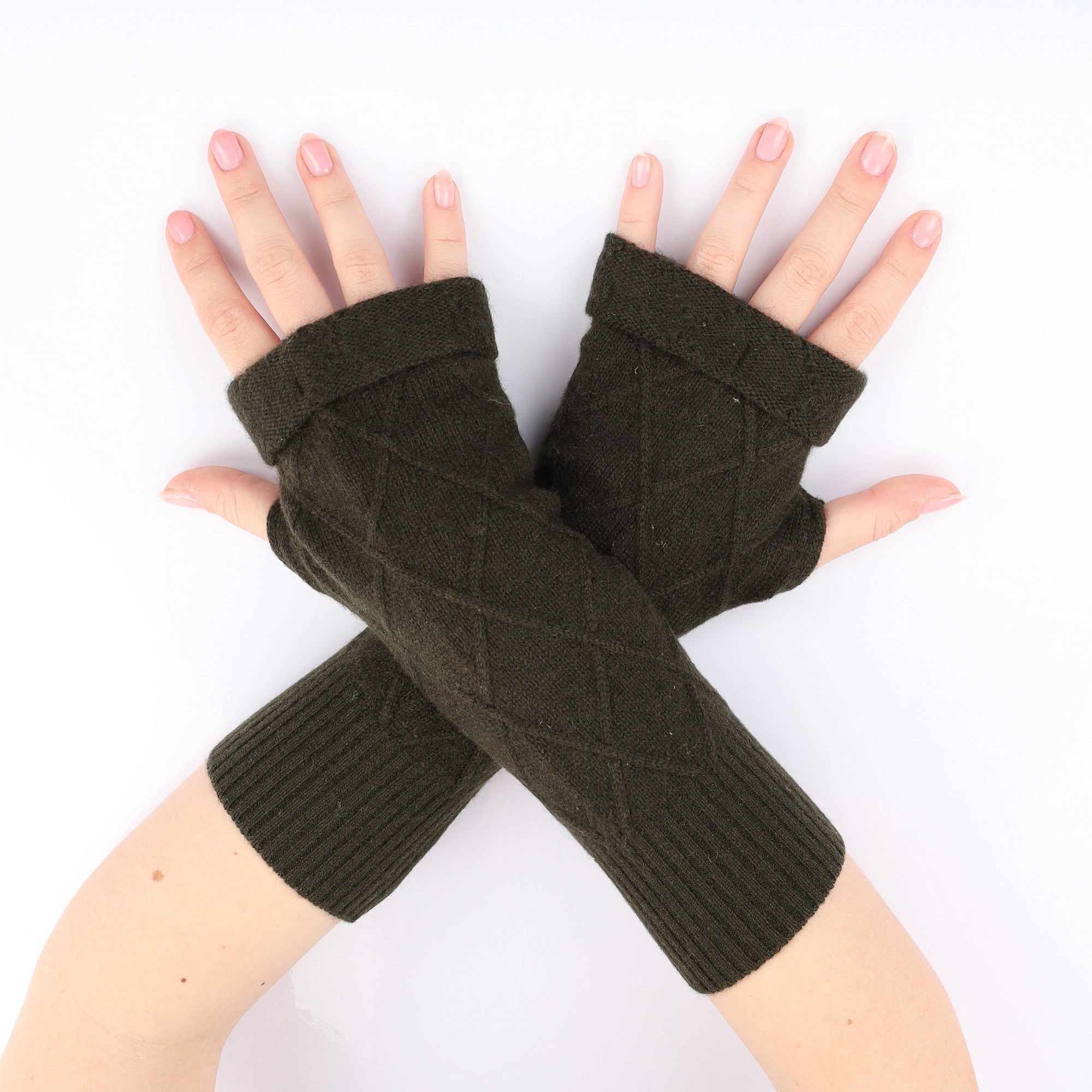 Khaki Chunky Textured Fingerless Gloves