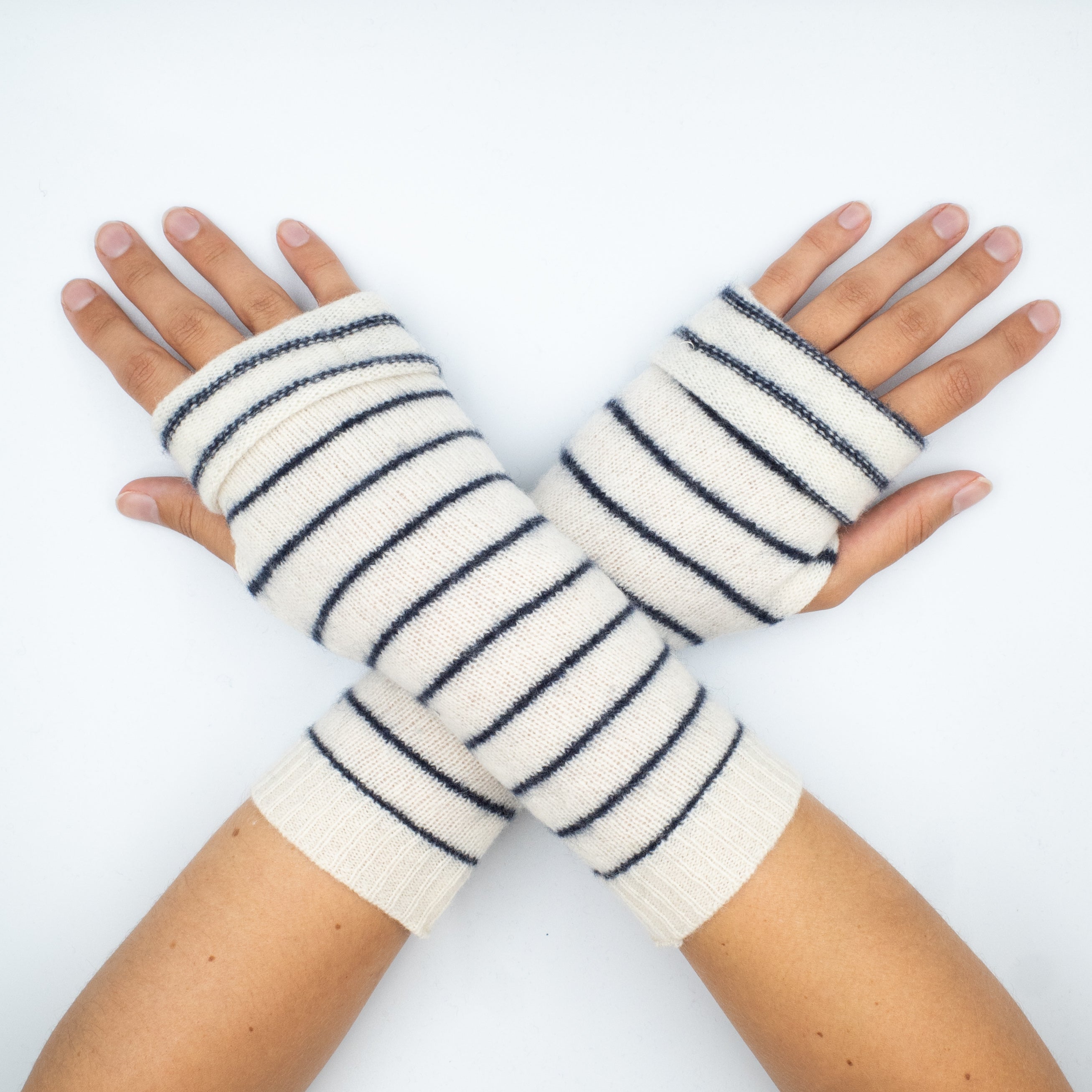 Ivory and Navy Stripe Cashmere Fingerless Gloves