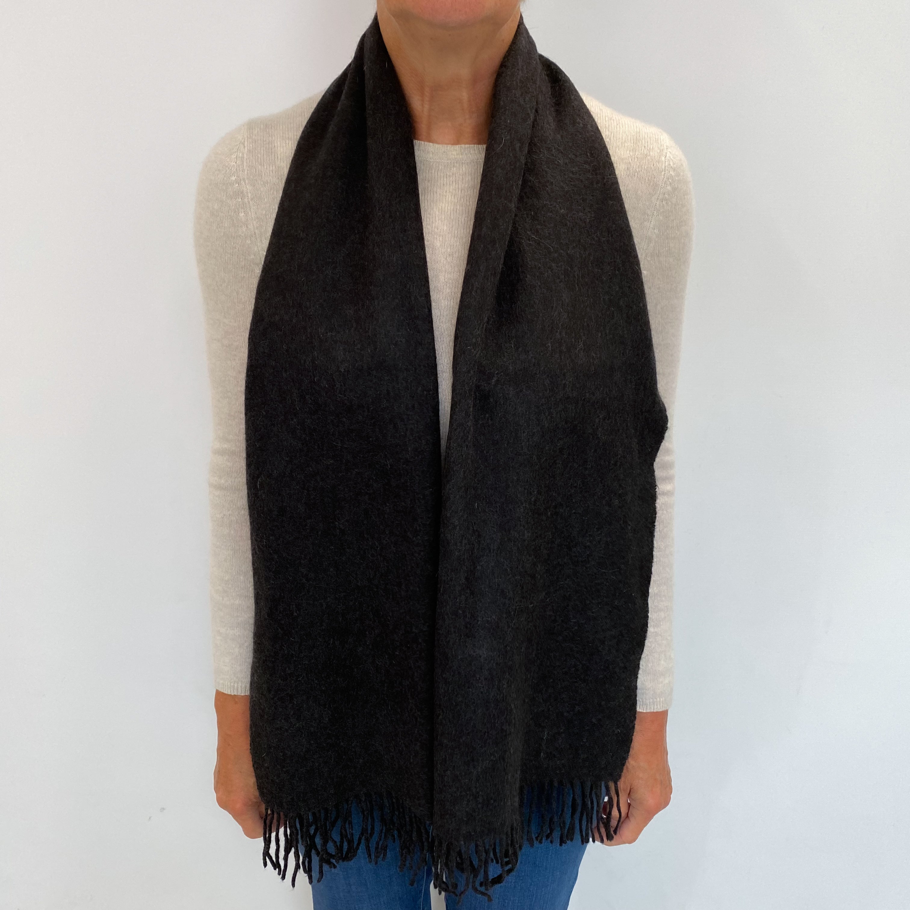 Darkest Charcoal Cashmere Woven Fringed Scarf