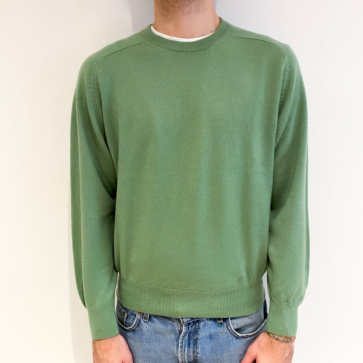 Men's Pear Green Cashmere Crew Neck Jumper Medium