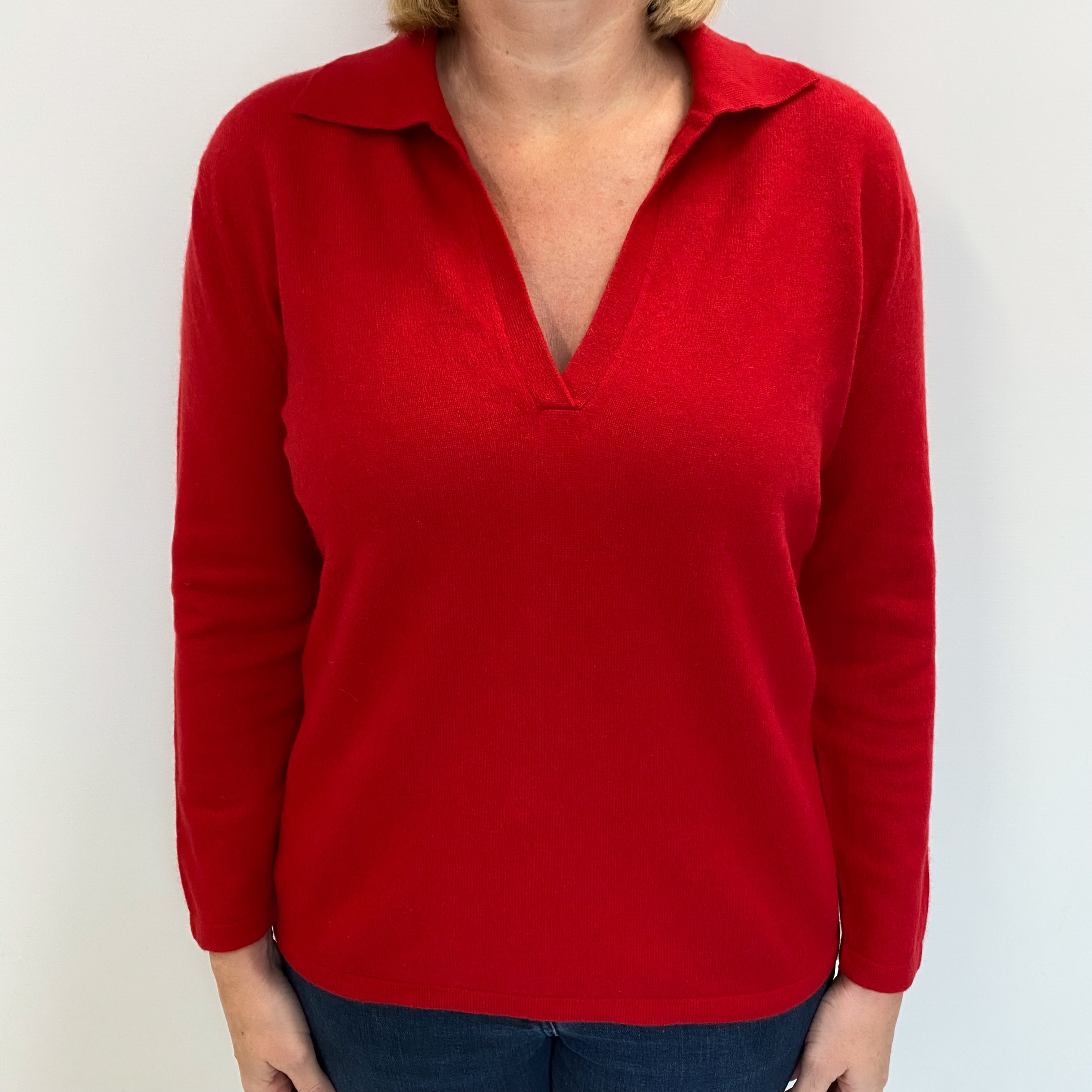 Scarlet Red Cashmere Collared V Neck Jumper Large