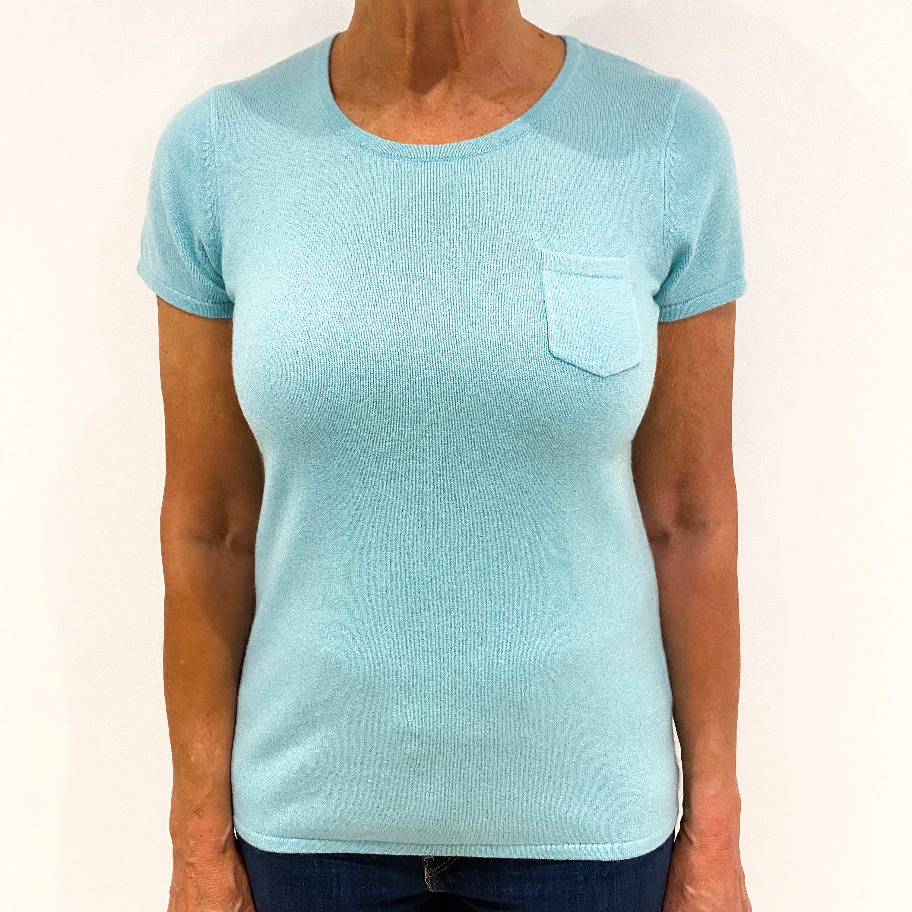 Aqua Blue Short Sleeved Cashmere Crew Neck Jumper Medium