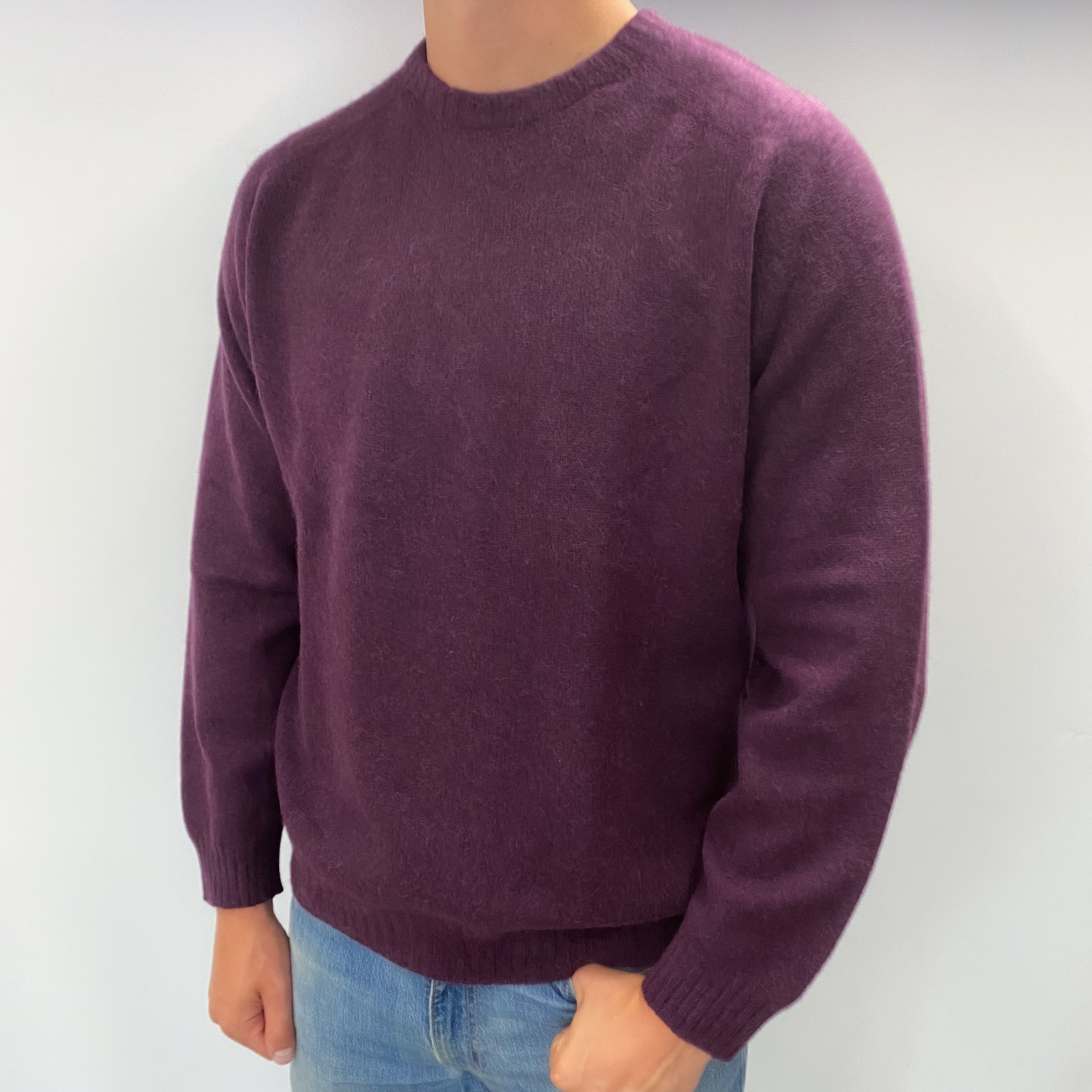 Men's Italian Aubergine Purple Cashmere Crew Neck Jumper XL