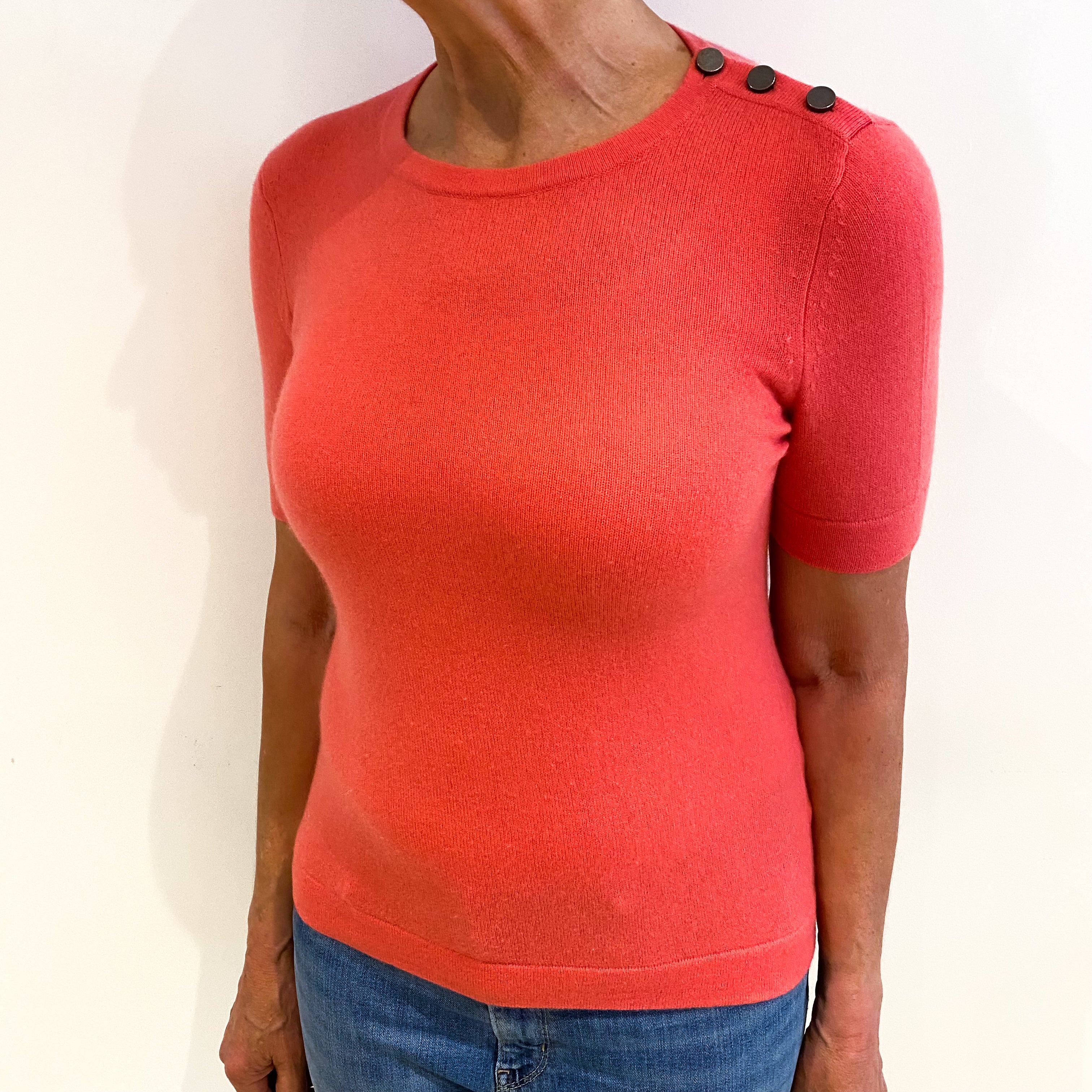 Flamingo Pink Cashmere Crew Neck Short Sleeved Jumper Medium