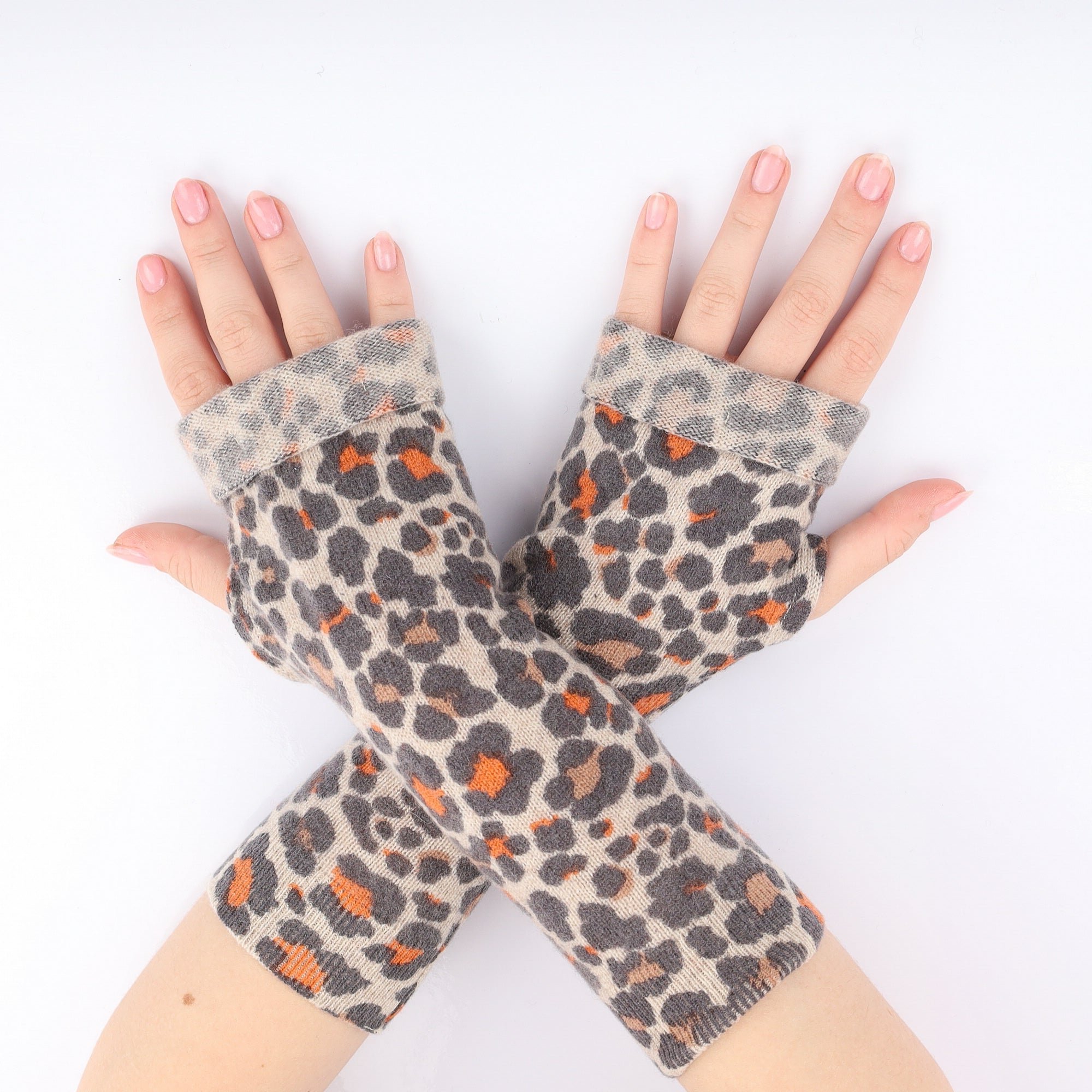 Oatmeal and Orange Leopard Print Fingerless Gloves