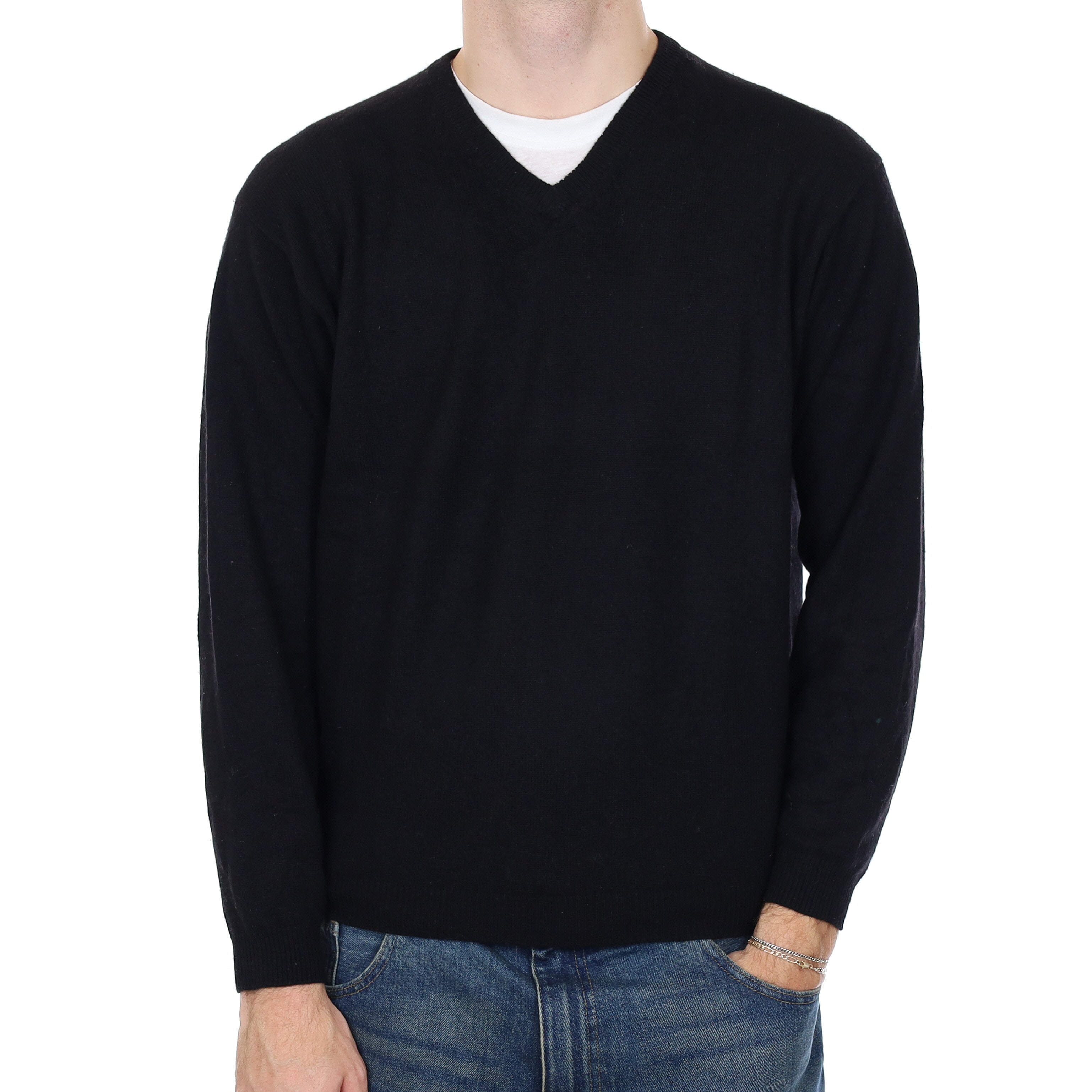 Men’s Black Heavy Knit Cashmere V Neck Jumper Large