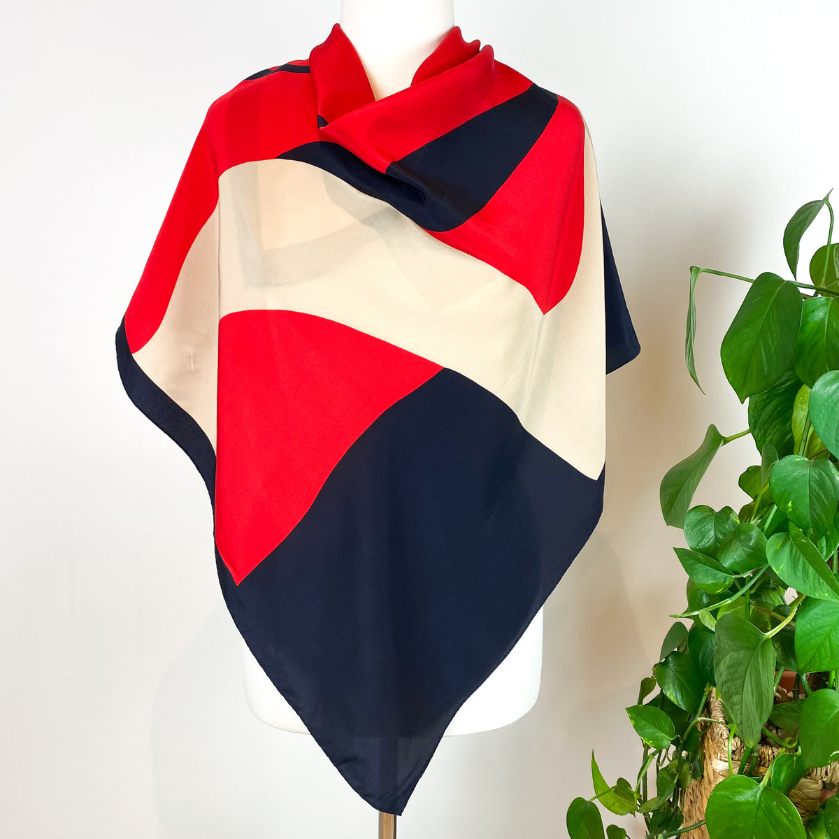 Abstract Red Navy Beige Silk Scarf