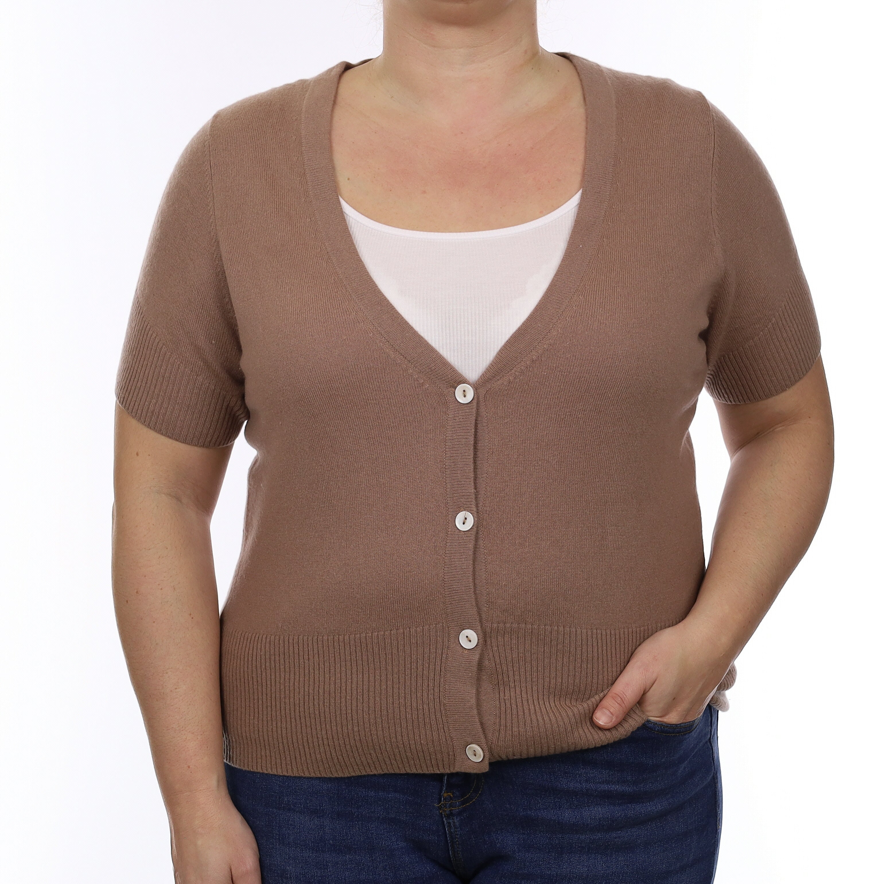Taupe Brown Cashmere Short Sleeved V Neck Cardigan Large