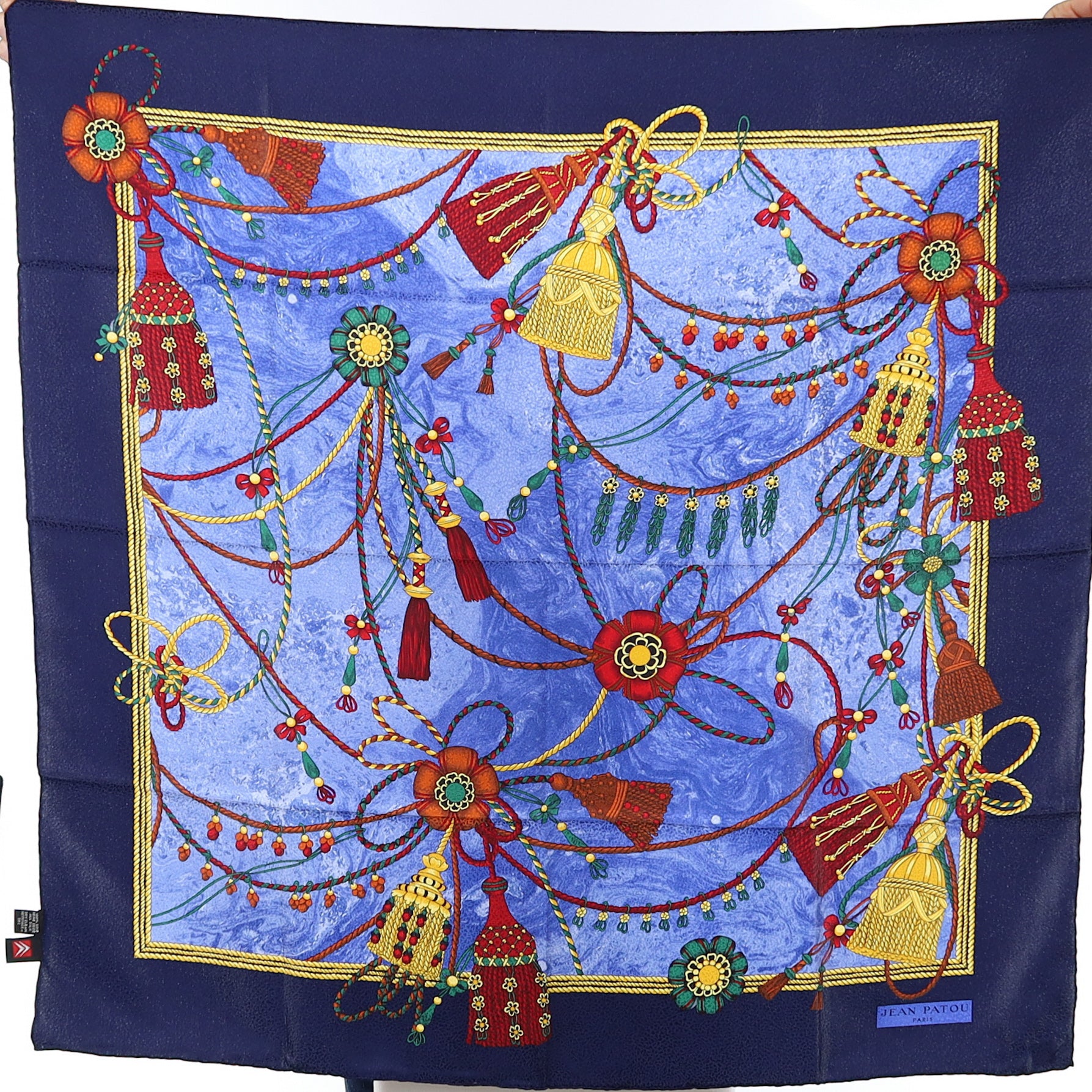 Brand New Jean Patou Blue Tassle Theme Silk Scarf