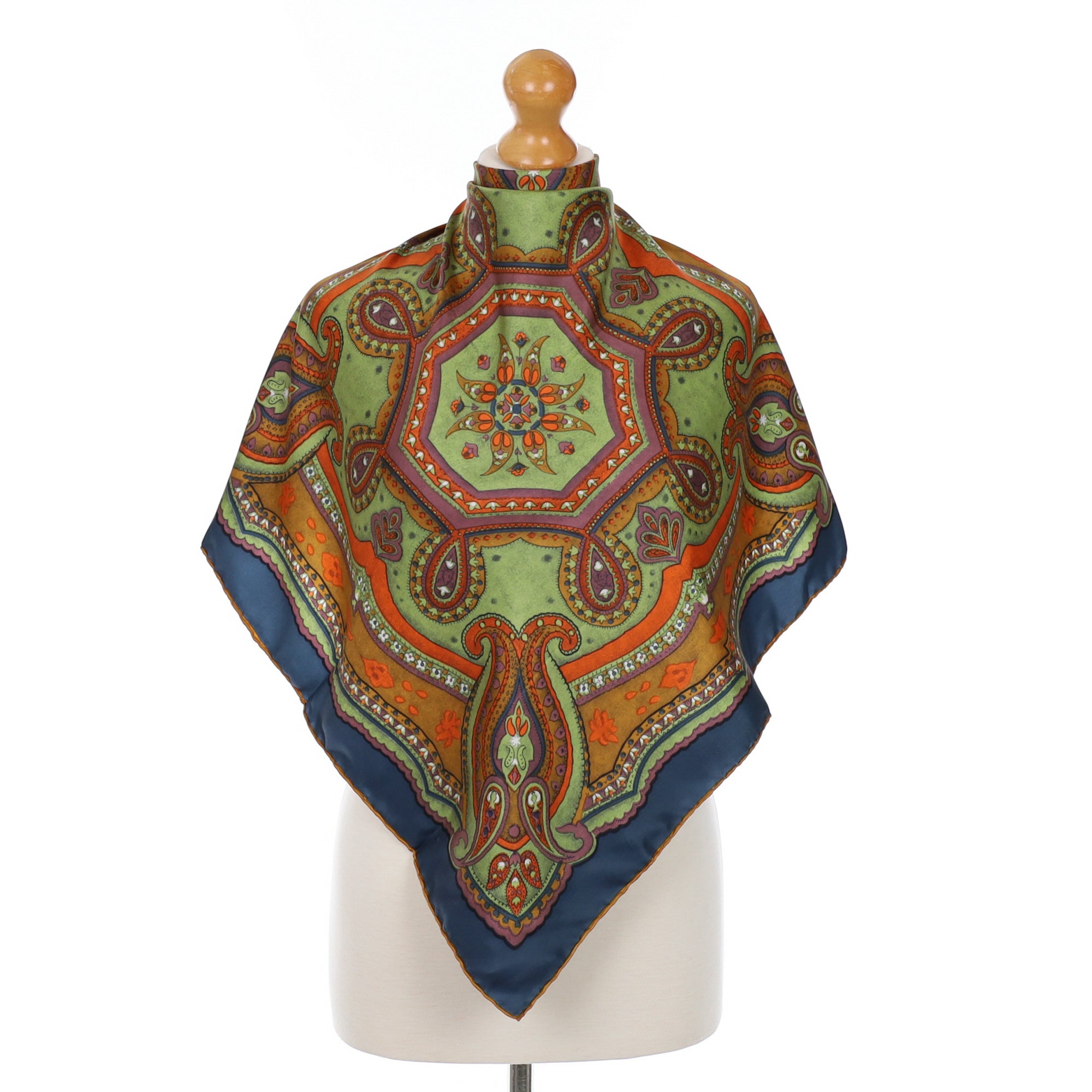 Immaculate Paisley Style Green and Orange Silk Scarf