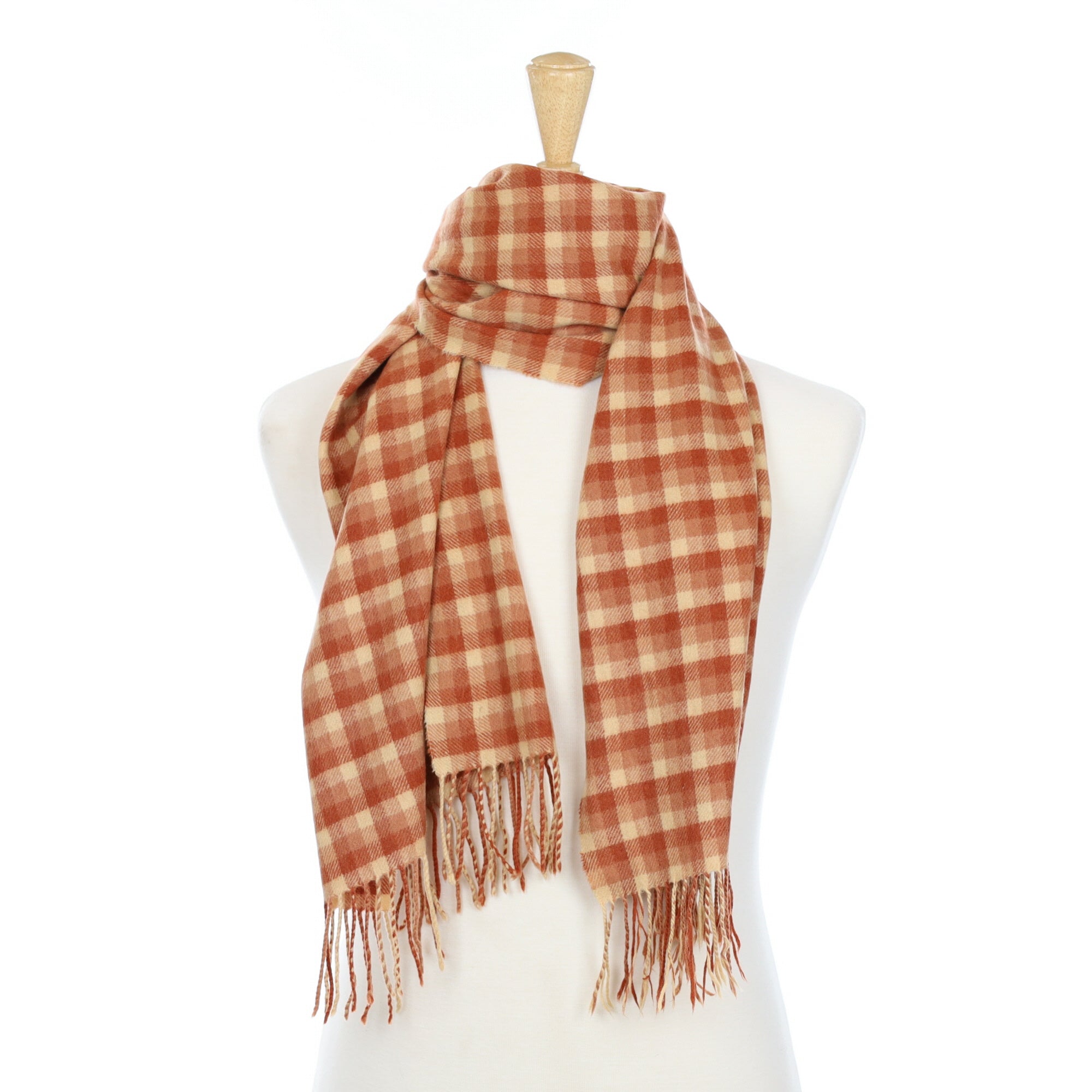 Rust Red Checked Cashmere Fringed Woven Scarf