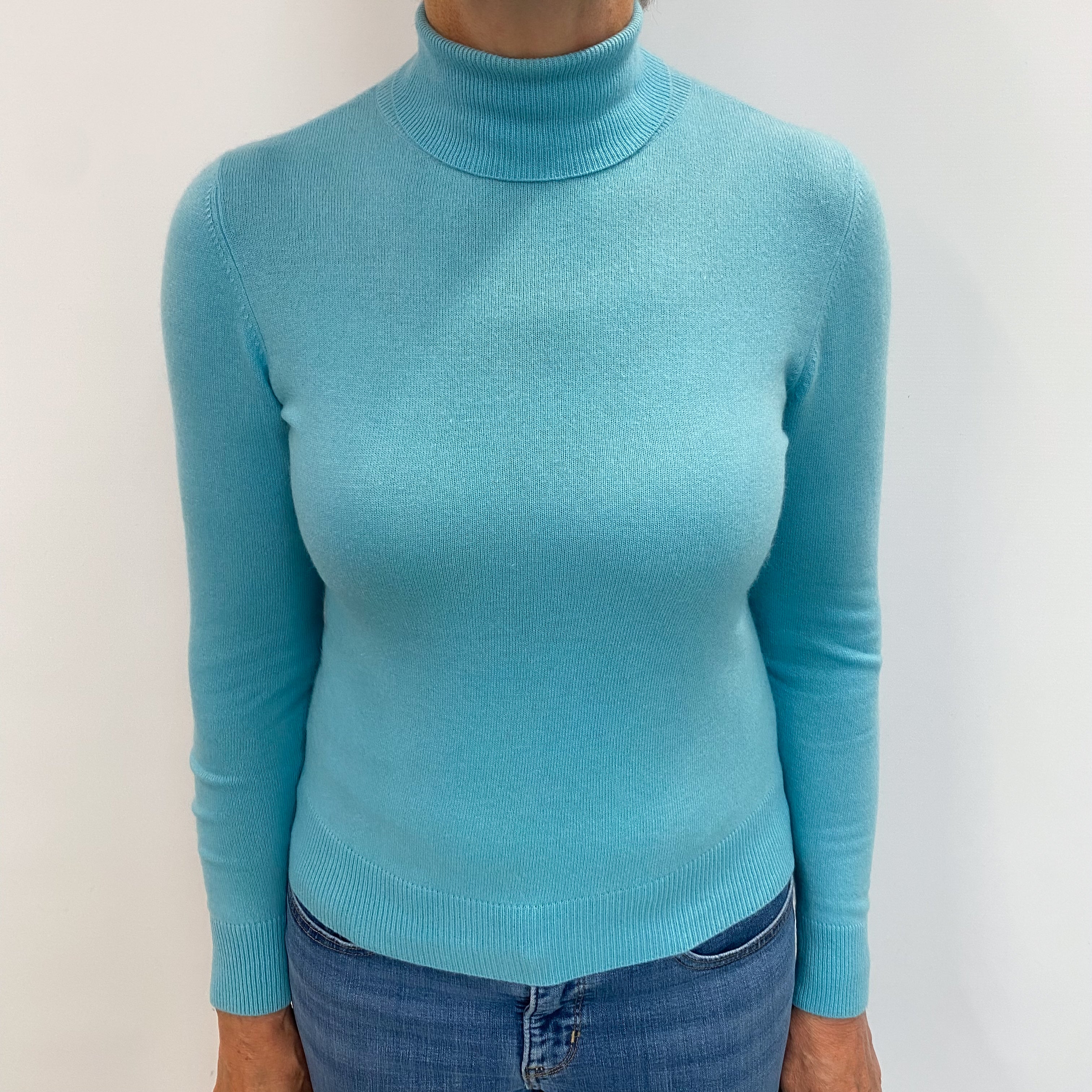 Aquamarine Blue Cashmere Polo Neck Jumper Medium