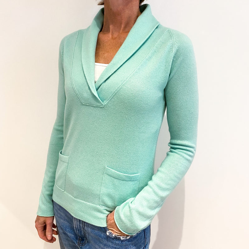 Mint Green Cashmere Shawl Collar Jumper with Pockets Small