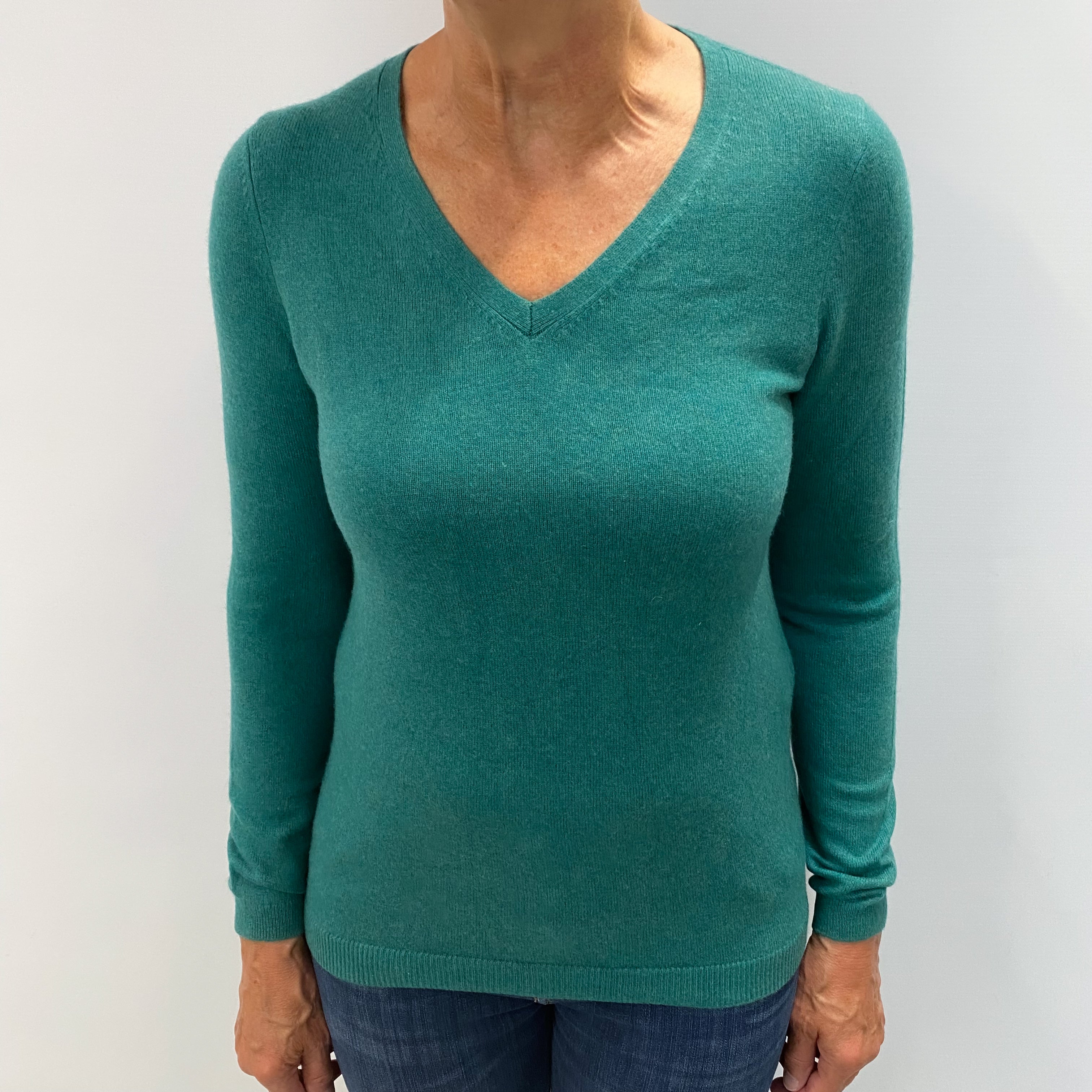 Pine Green Cashmere V Neck Jumper Medium