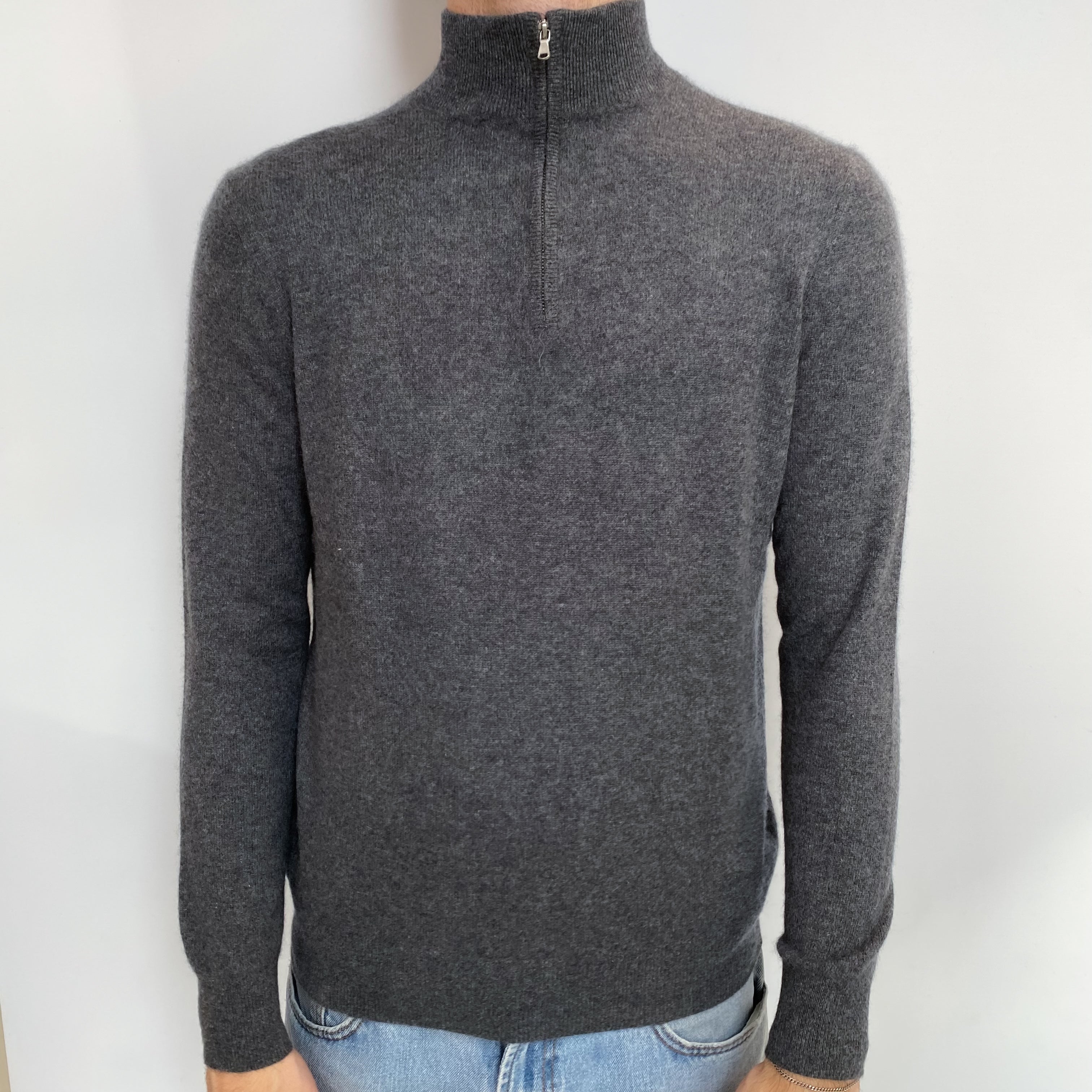 Men's Slate Grey Cashmere 1/4 Zip Jumper Large