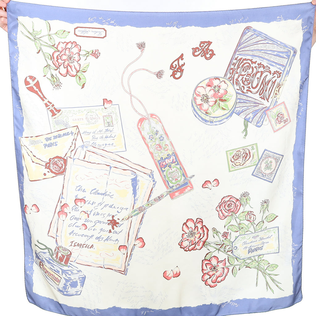 Cream and Blue Illustrated Gift Theme Silk Scarf