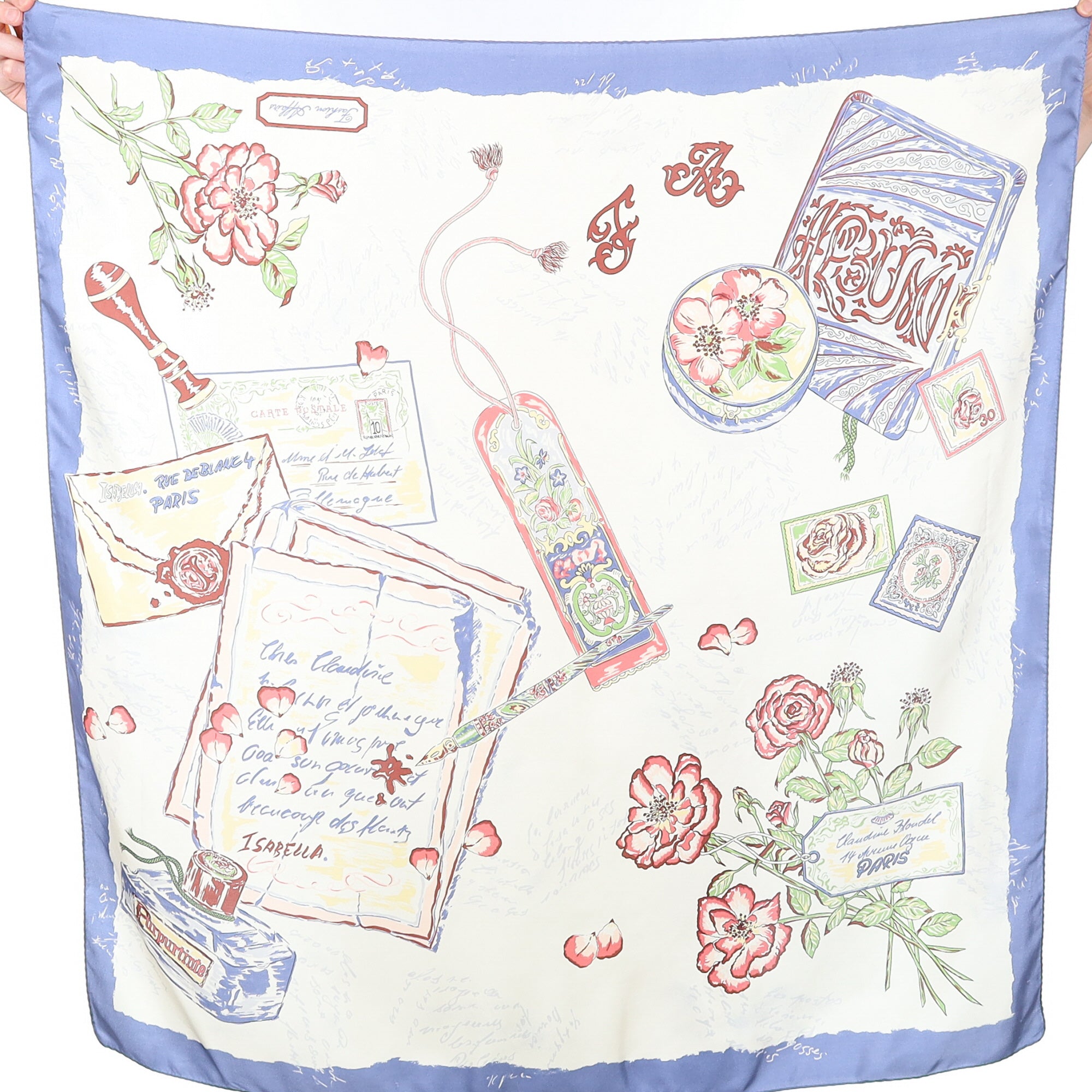 Cream and Blue Illustrated Gift Theme Silk Scarf