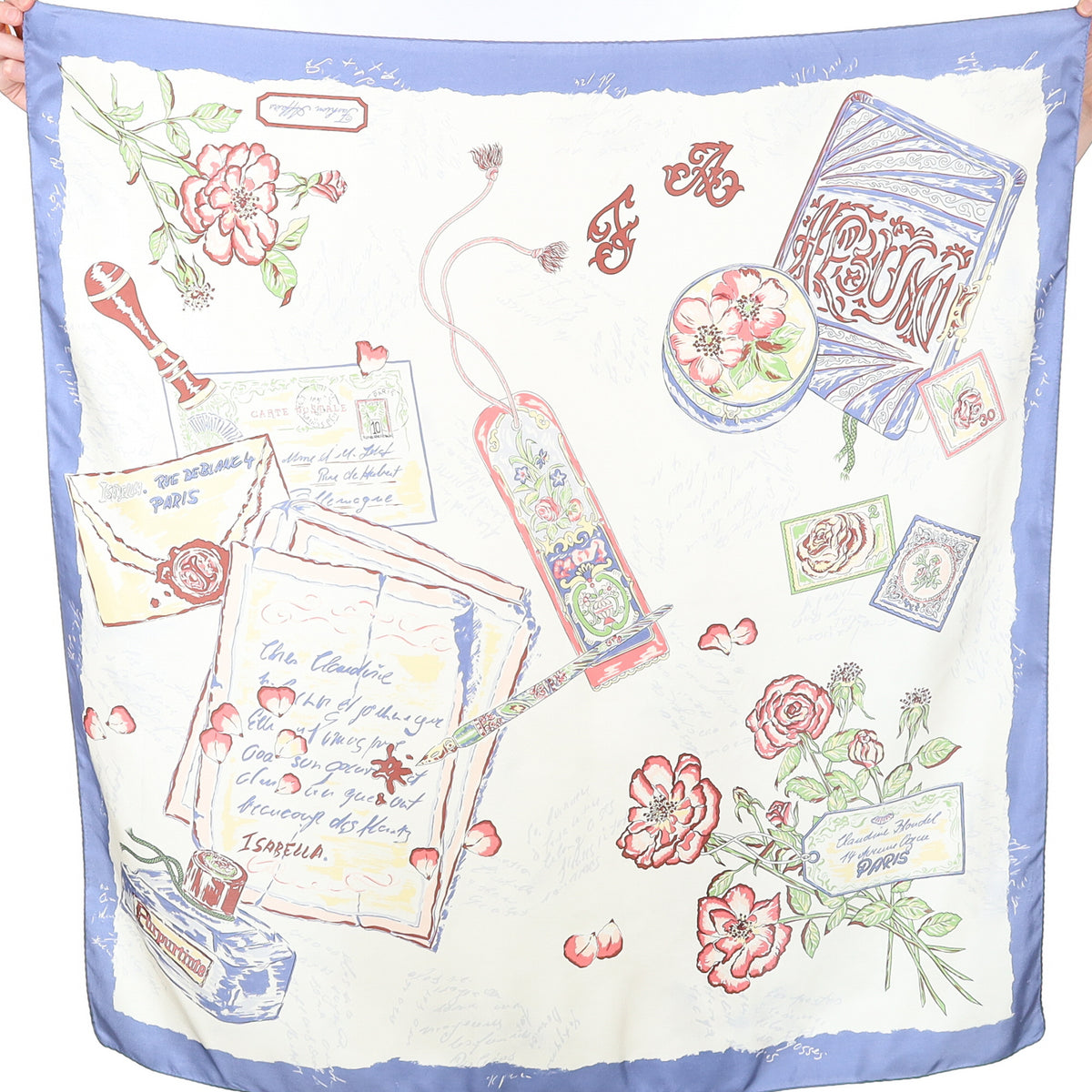Cream and Blue Illustrated Gift Theme Silk Scarf