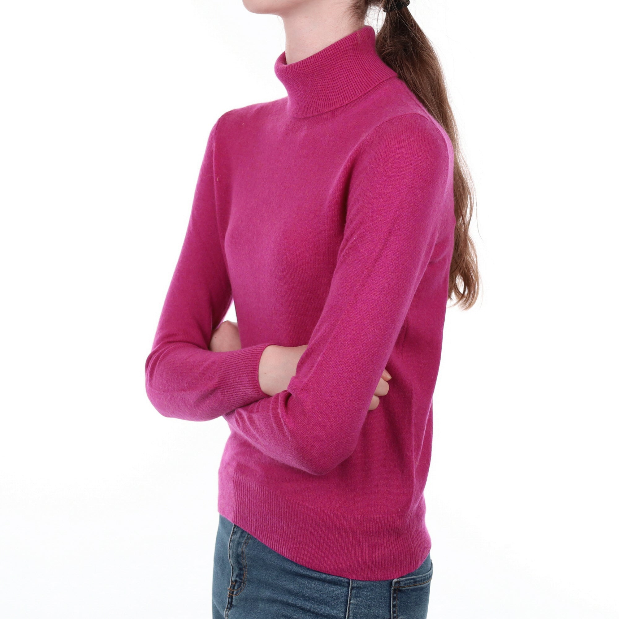 Fuchsia Pink Cashmere Polo Neck Jumper Extra Small