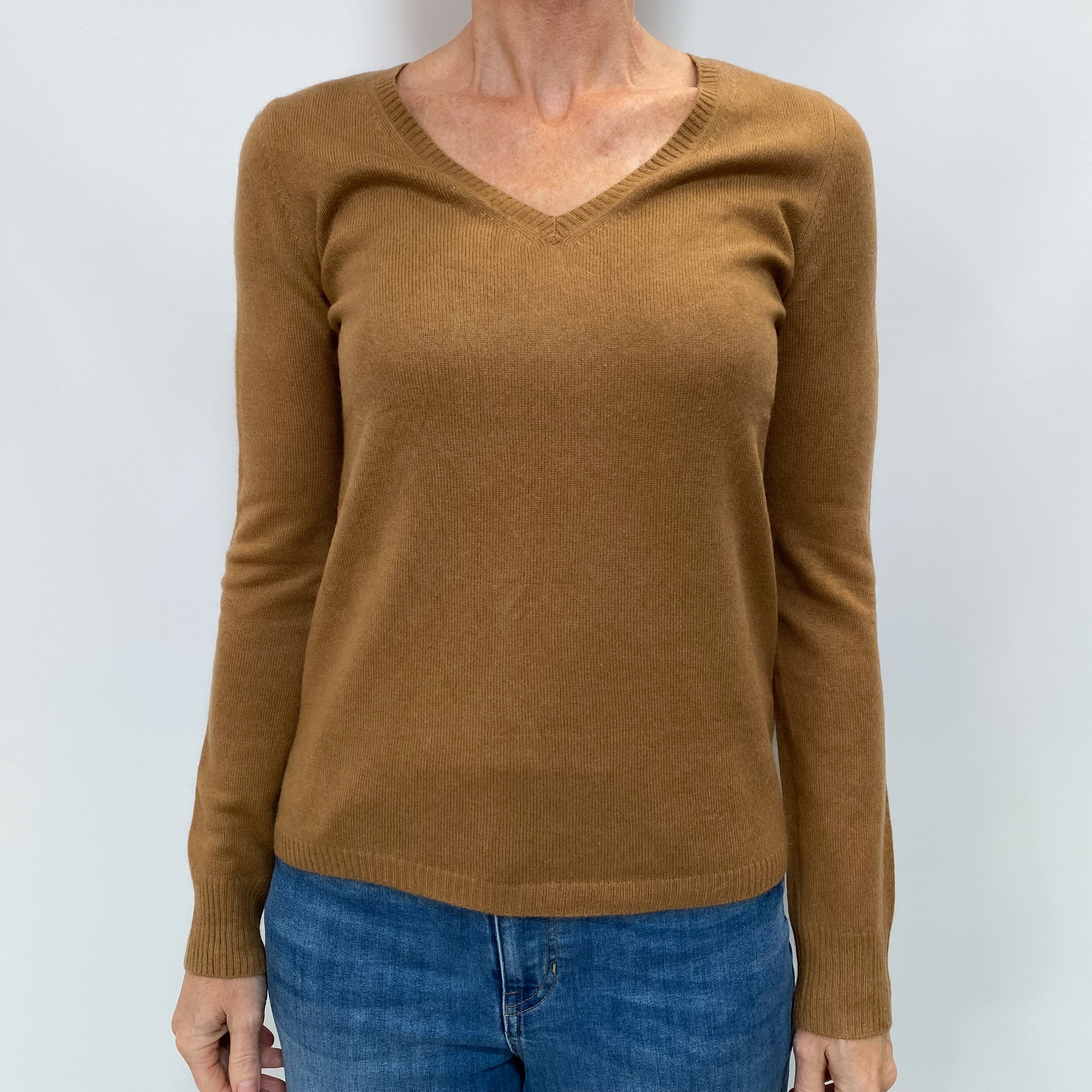 Butterscotch Brown Cashmere V Neck Jumper Small