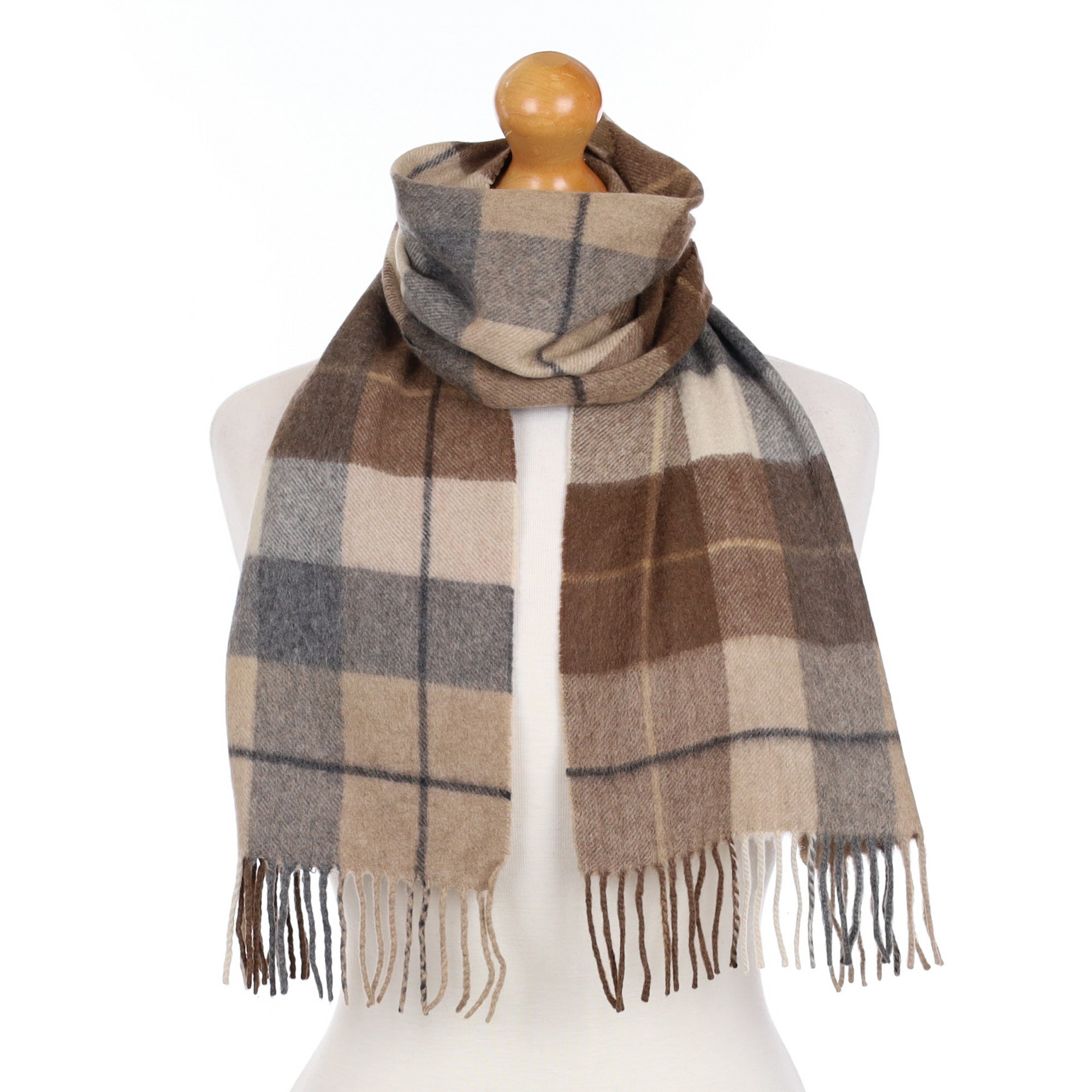 Nutmeg Brown Checked Cashmere Fringed Woven Scarf