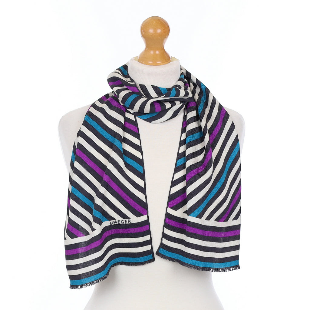 Jaeger Violet and Turquoise Stripe Vintage Silk Scarf