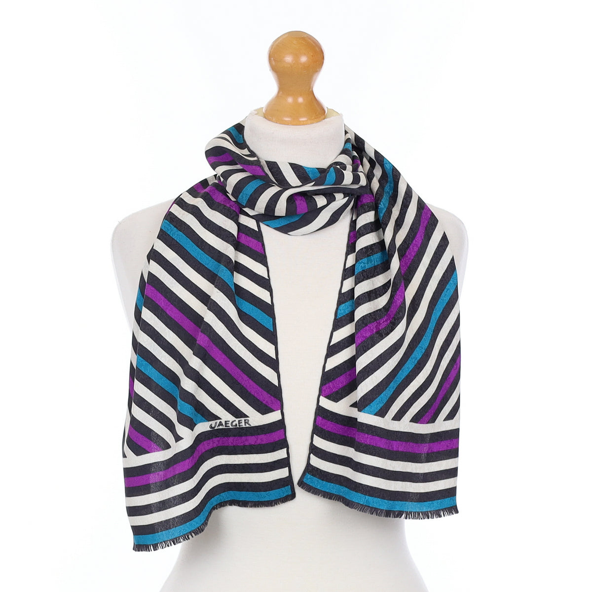 Jaeger Violet and Turquoise Stripe Vintage Silk Scarf