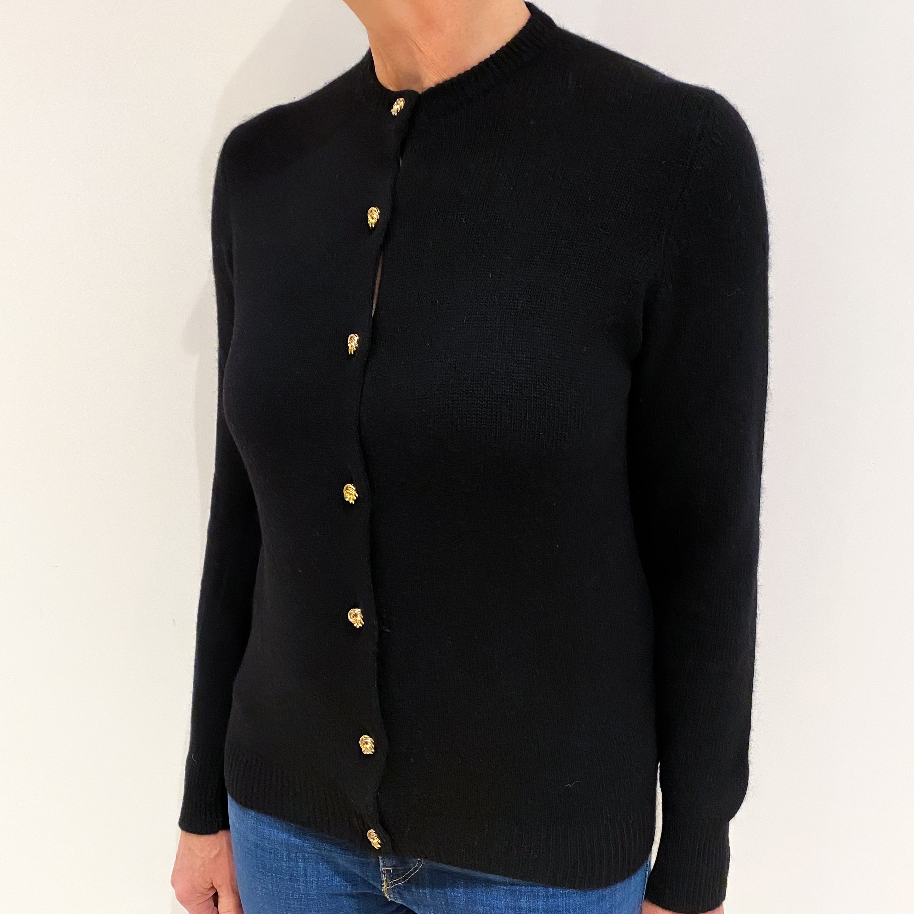 Black Cashmere Crew Neck Cardigan Medium