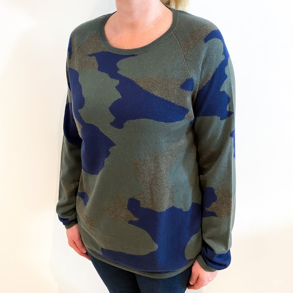 Army Green and Blue Camouflage Cashmere Crew Neck Jumper Large