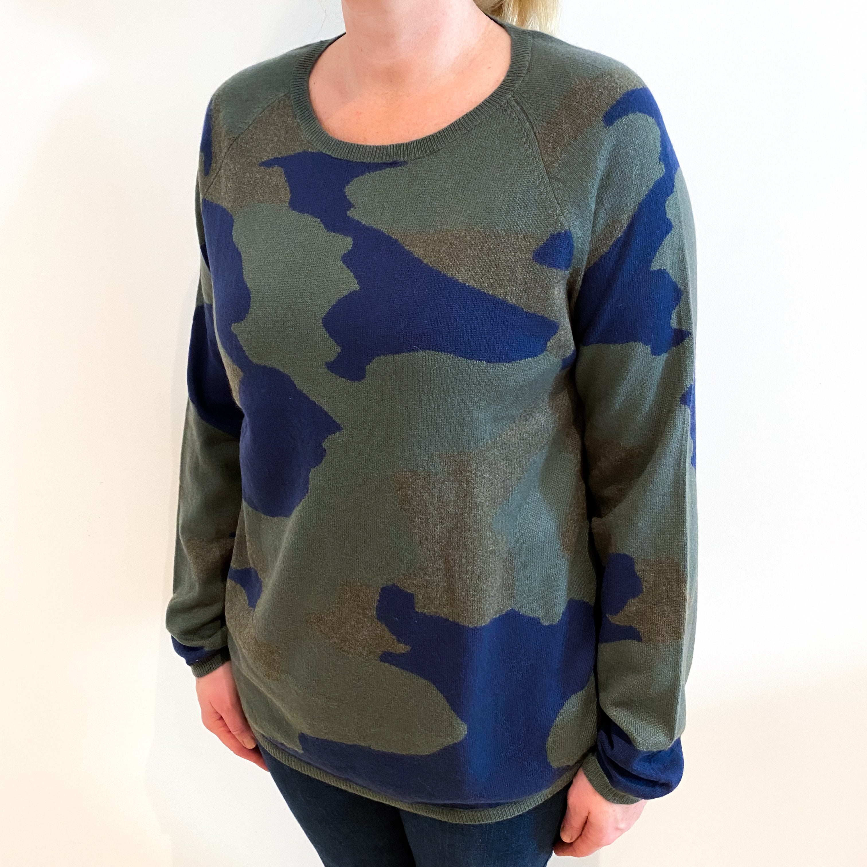 Army Green and Blue Camouflage Cashmere Crew Neck Jumper Large