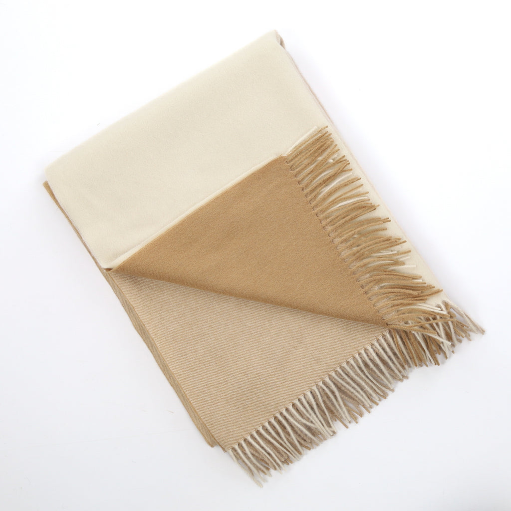 Brand New English Caramel and Cream Block Luxury Woven Cashmere Blanket