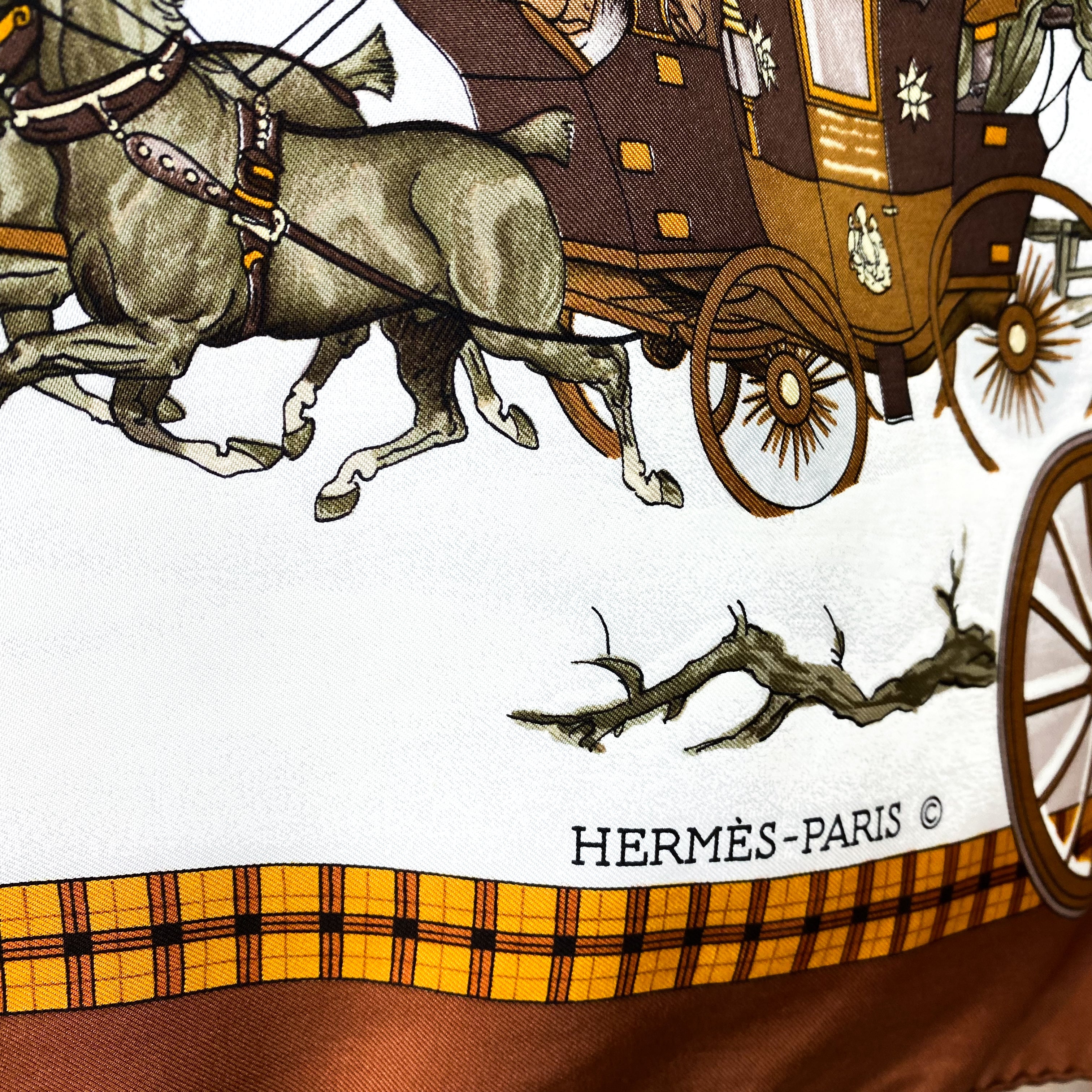 Boxed Hermes 1975 L’Hiver en Poste Vintage Silk Scarf