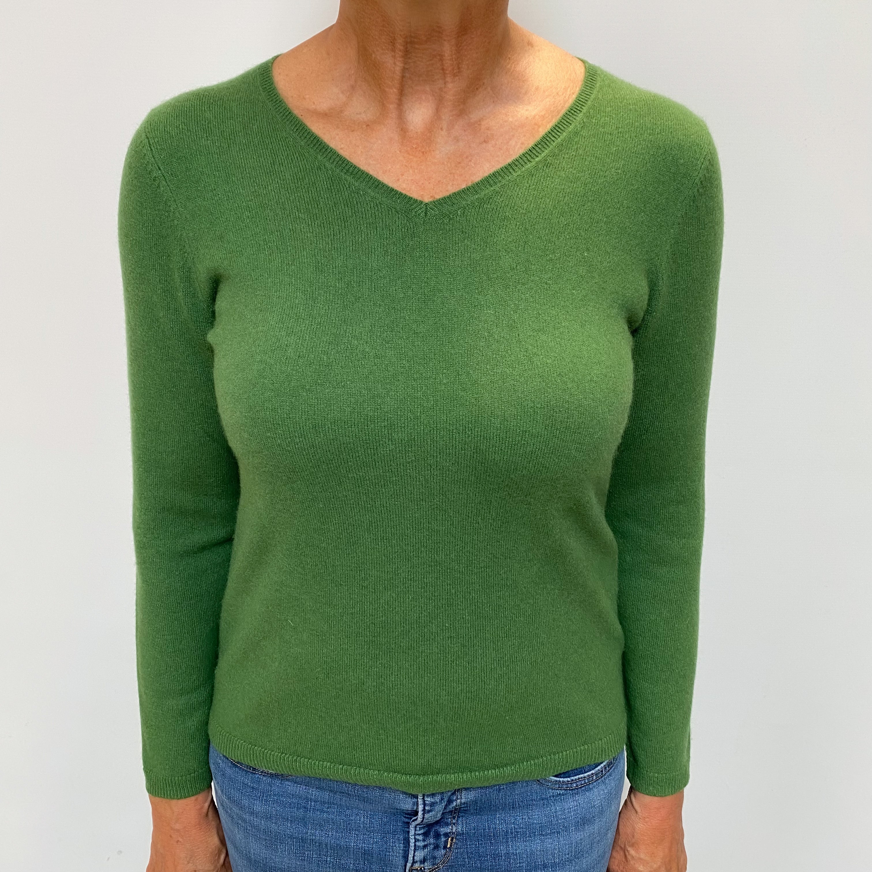 Fern Green Cashmere V Neck Jumper Medium