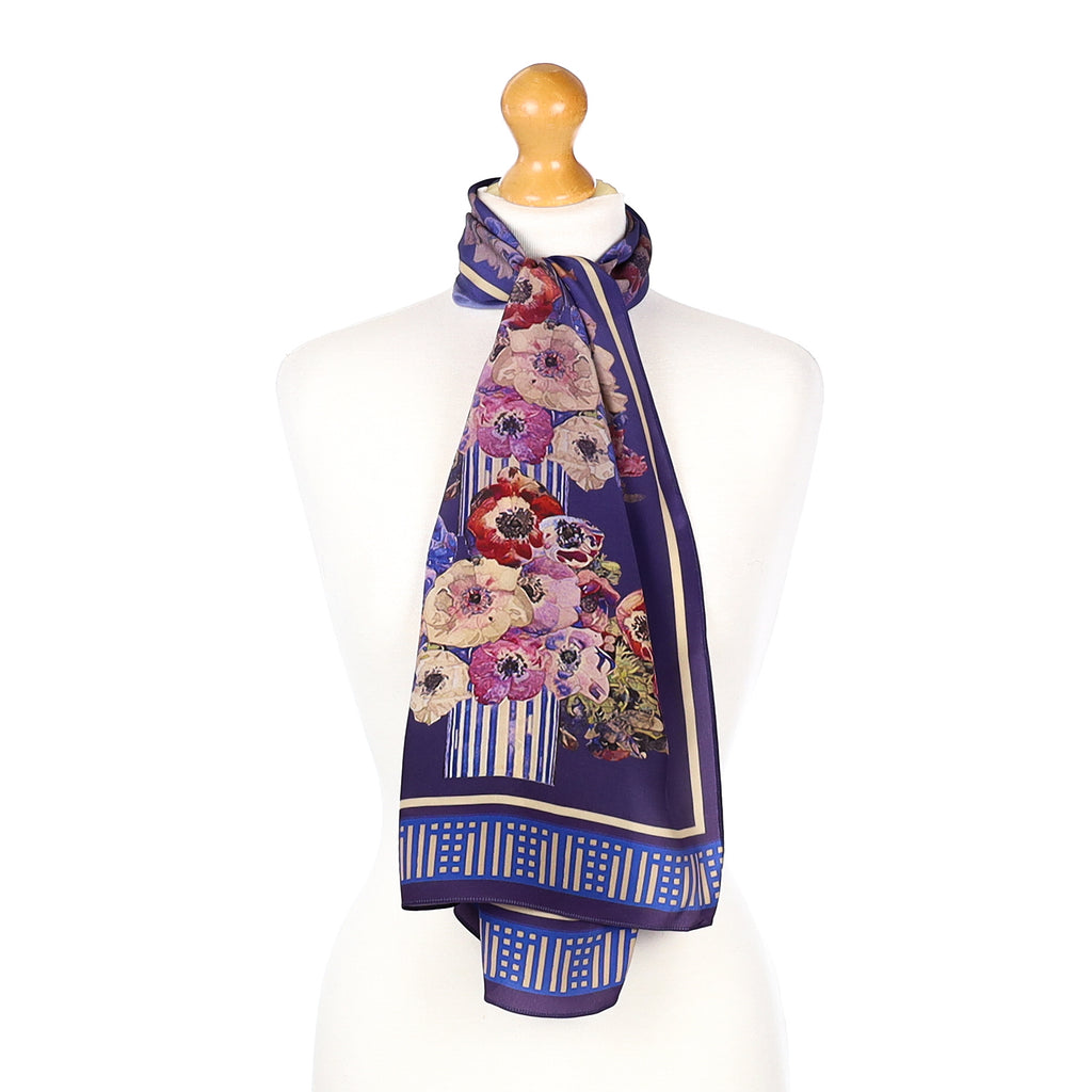 Blue Floral Long Silk Scarf