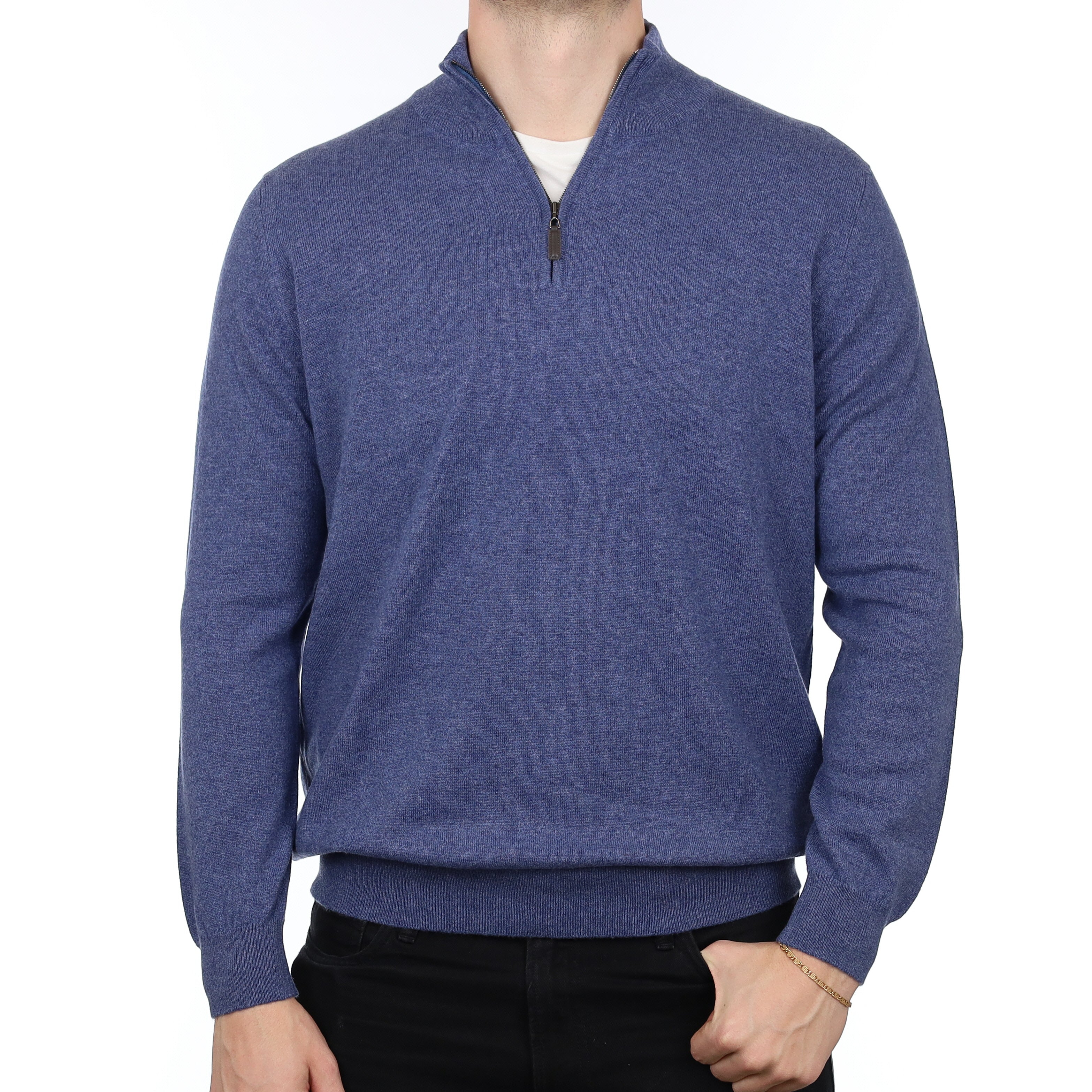Men’s Brand New Scottish Denim Blue Cashmere 1/4 Zip Jumper XXL