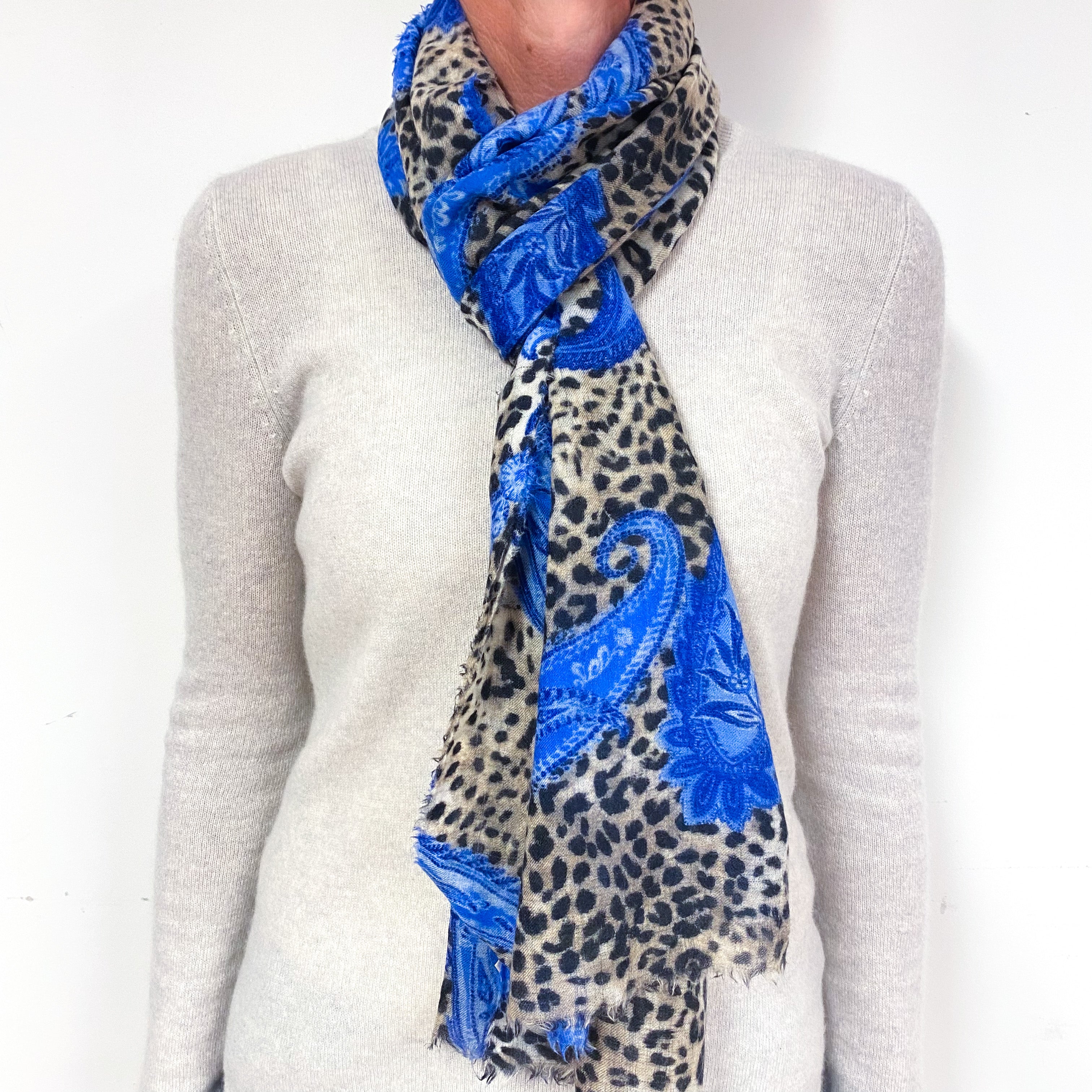 Animal Print and Blue Paisley Cashmere Woven Fine Knit Wrap