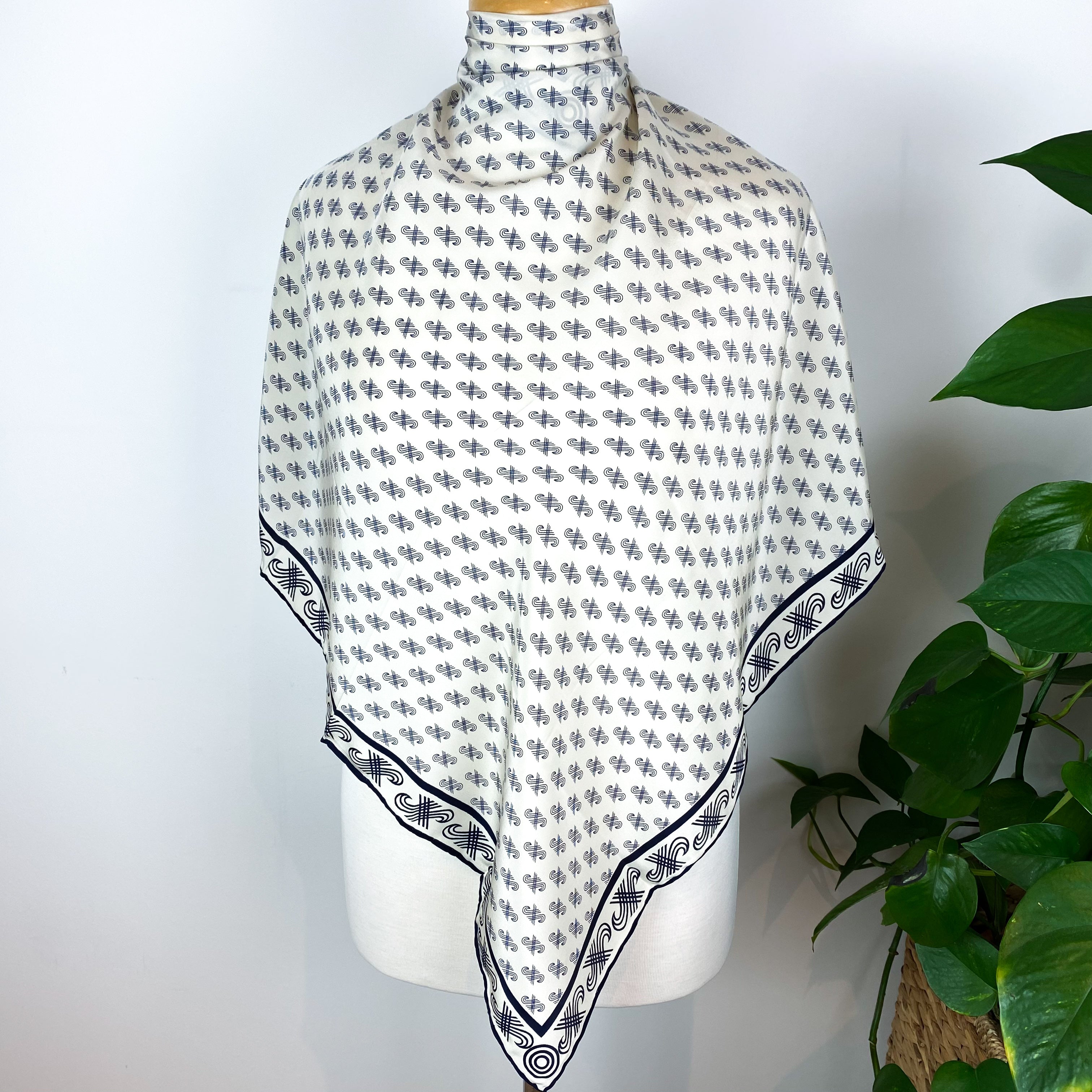 1970s Jaeger Navy and White Vintage Silk Scarf