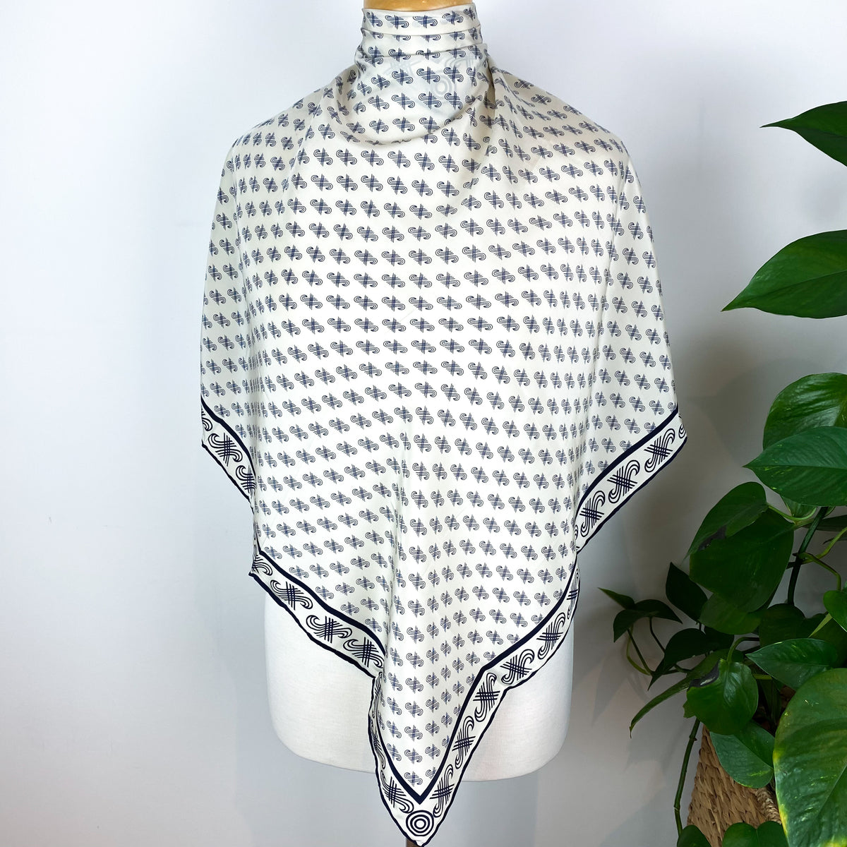 1970s Jaeger Navy and White Vintage Silk Scarf