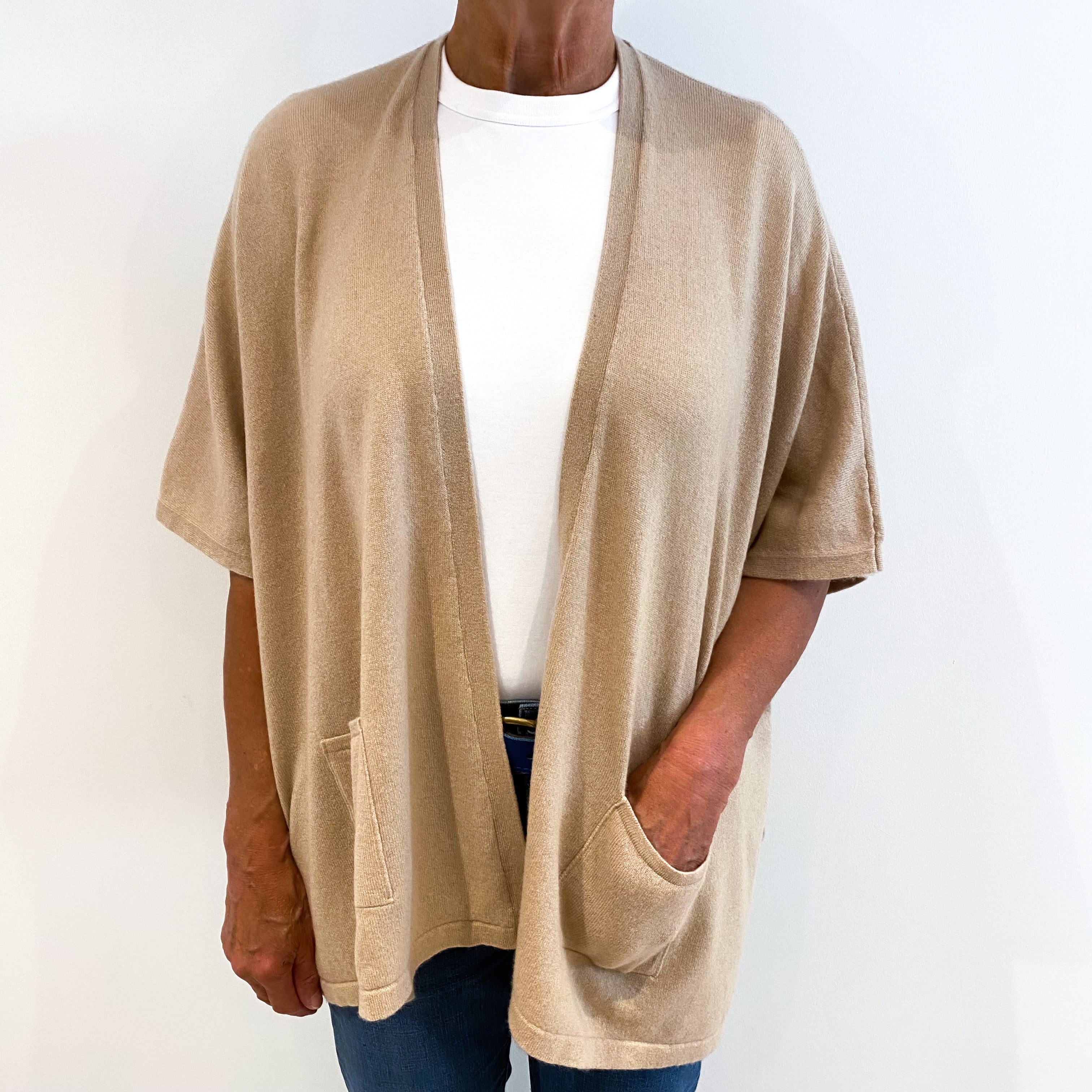 Buff Beige Cashmere Short Sleeved To Edge Cardigan Medium