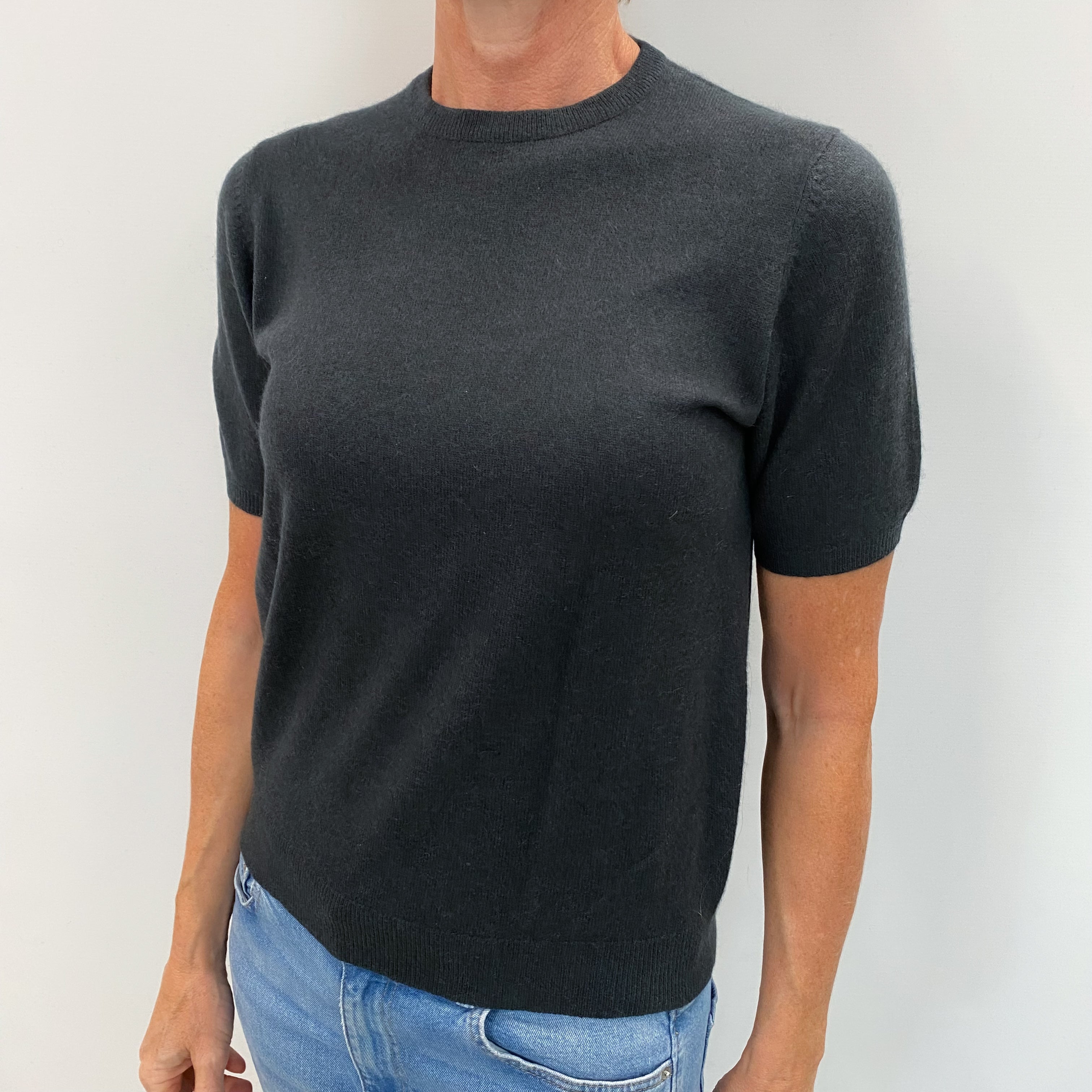 TSE Pebble Grey Cashmere Crew Neck Short Sleeved Jumper Small