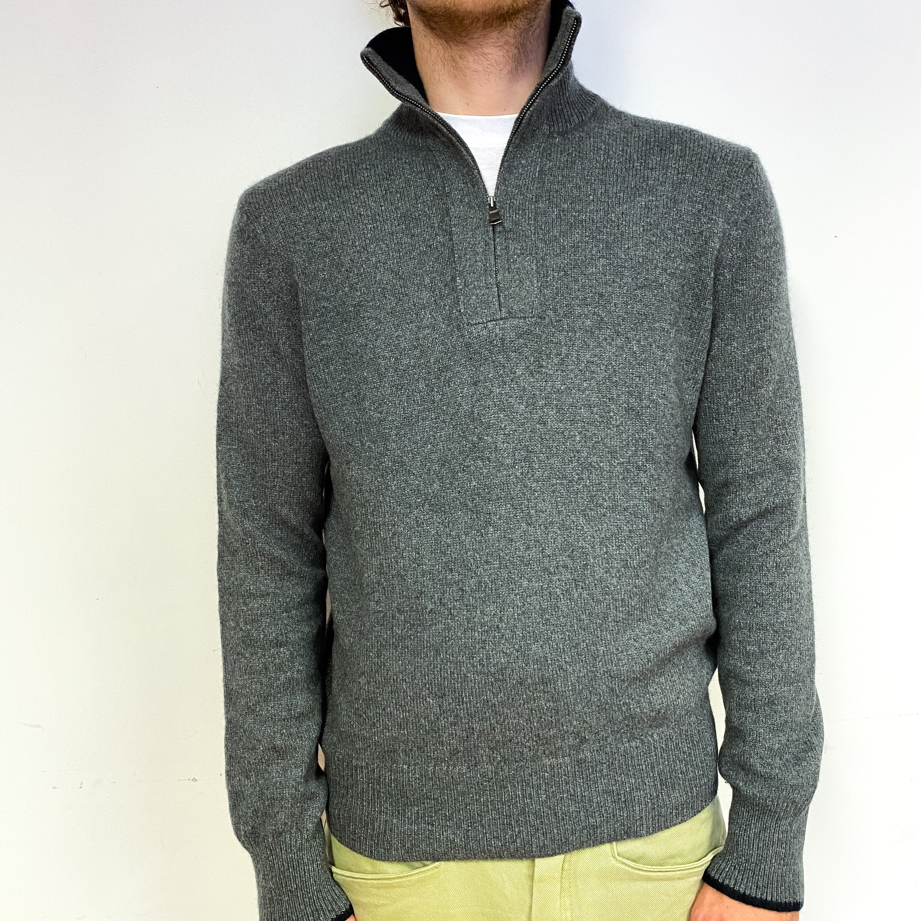 Men's Slate Grey Chunky Cashmere 1/4 Zip Jumper Medium