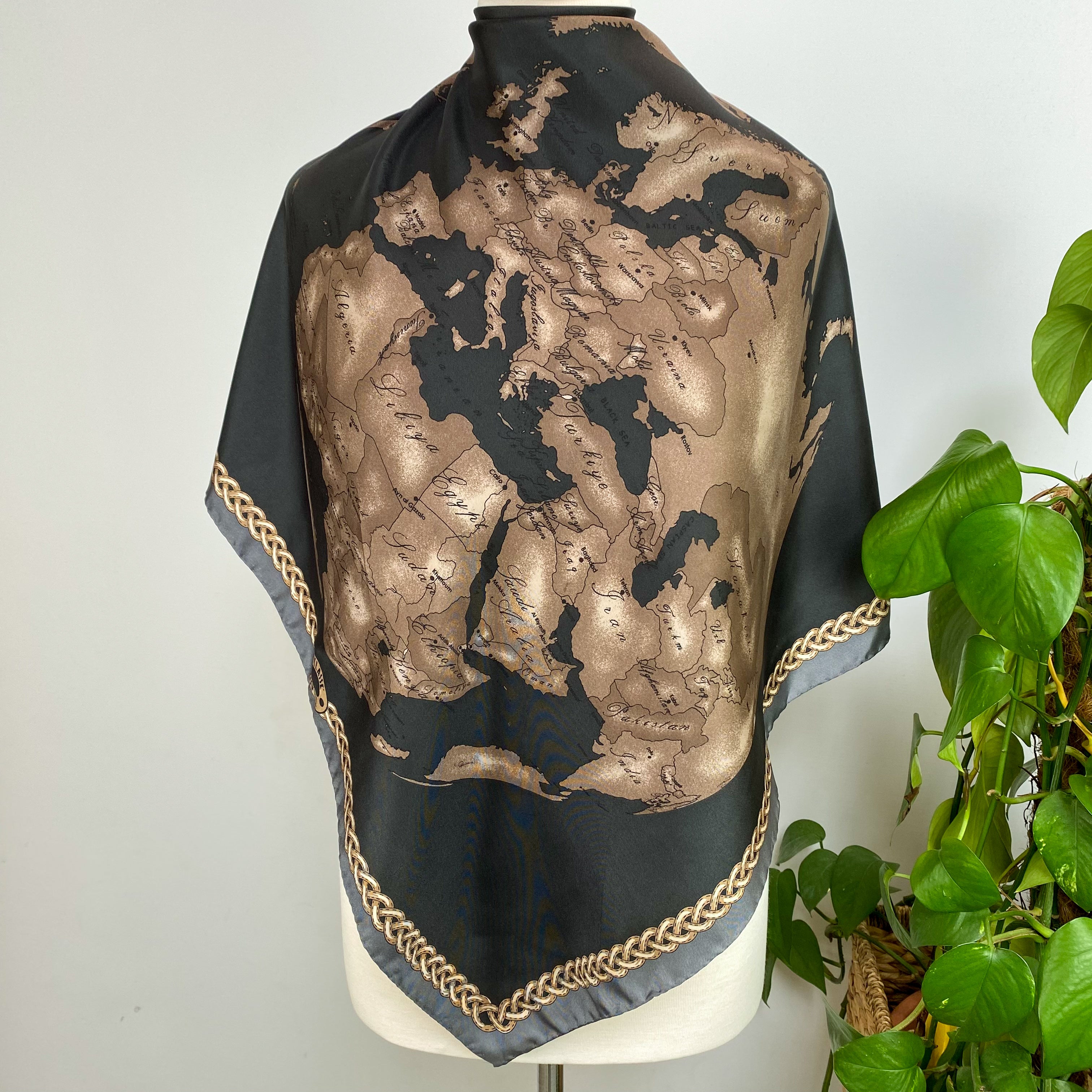 Black World Map Design Silk Scarf