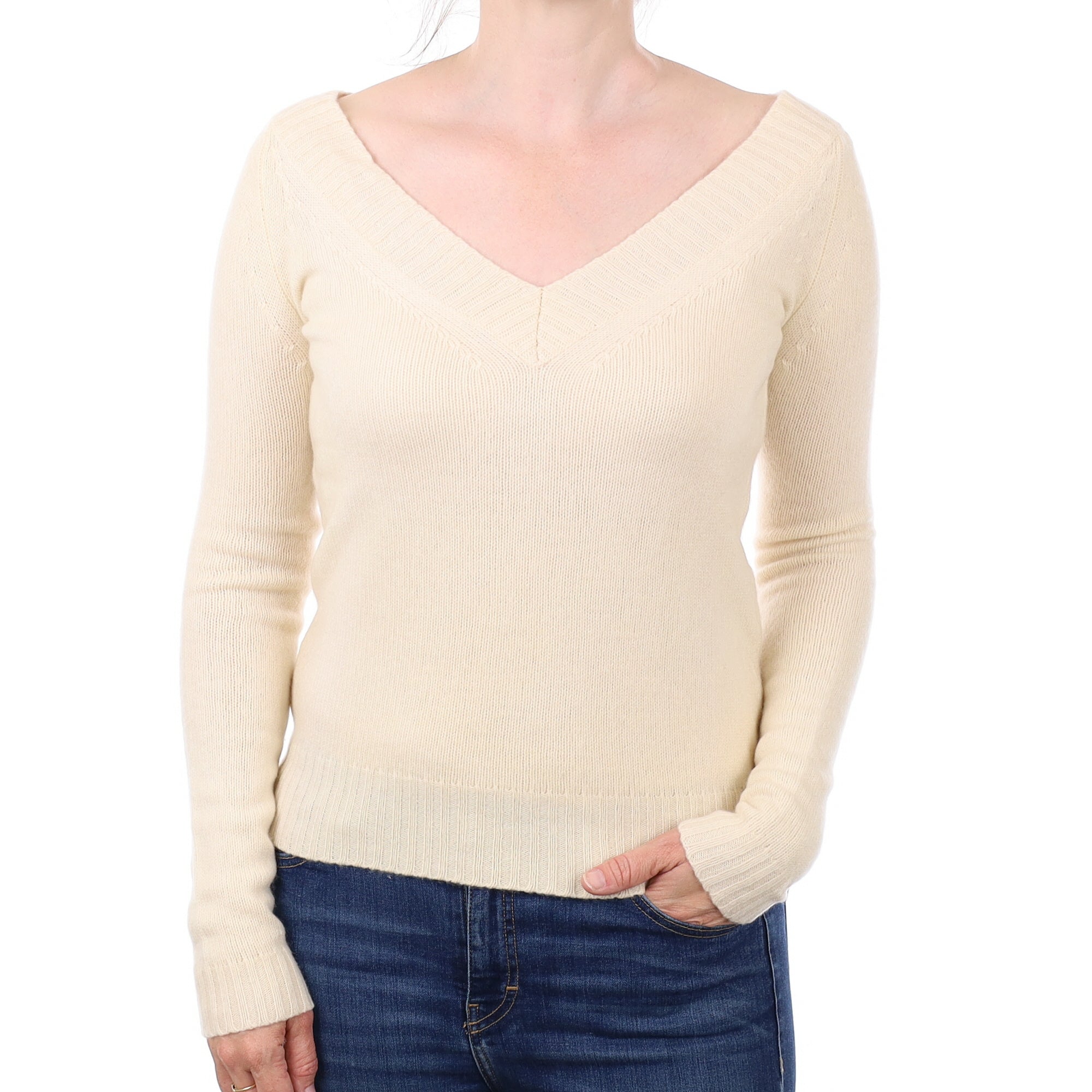Theory Vanilla Cream Cashmere V Neck Jumper Small