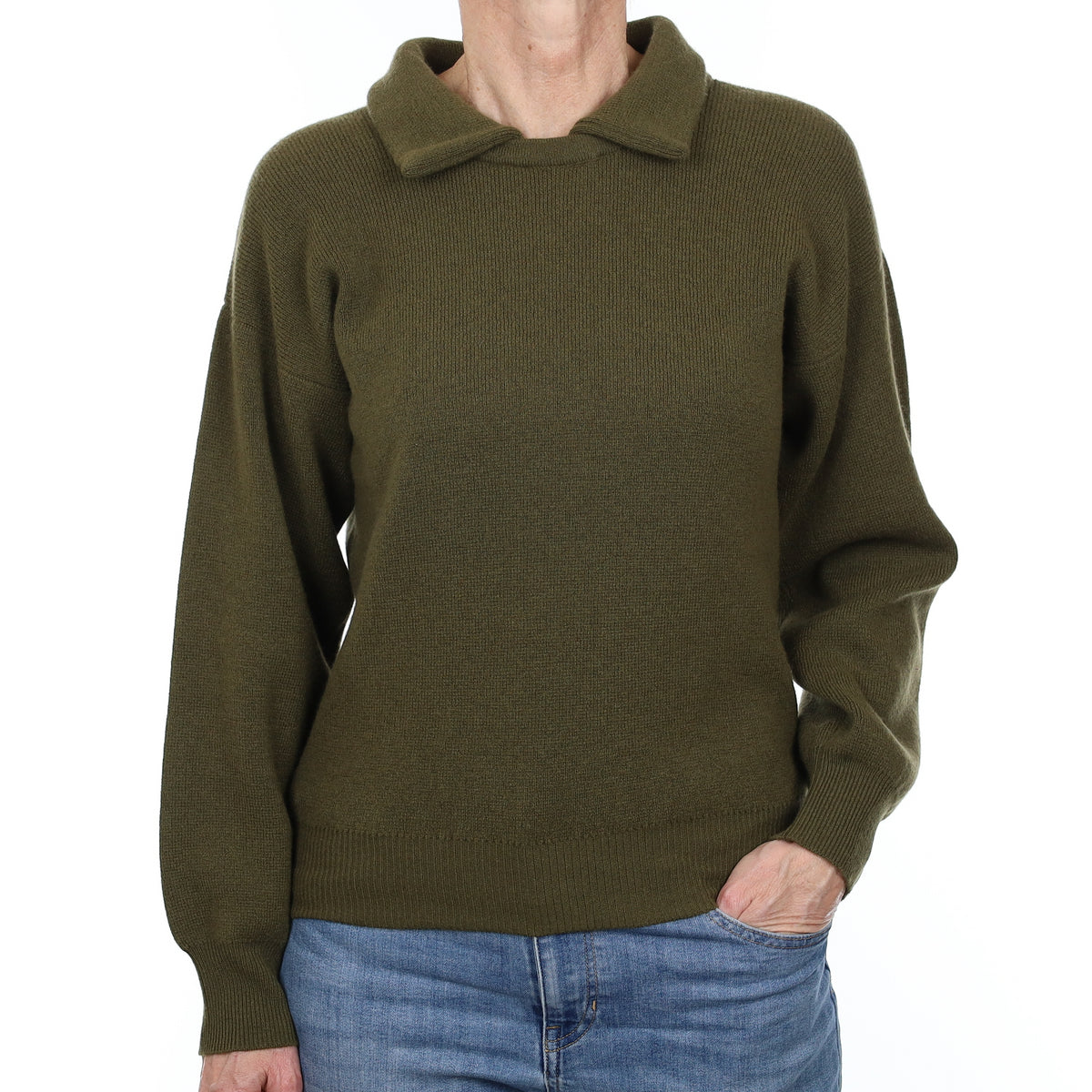 Brand New Scottish Khaki Green Heavy Knit Cashmere Collared Crew Neck Jumper Small