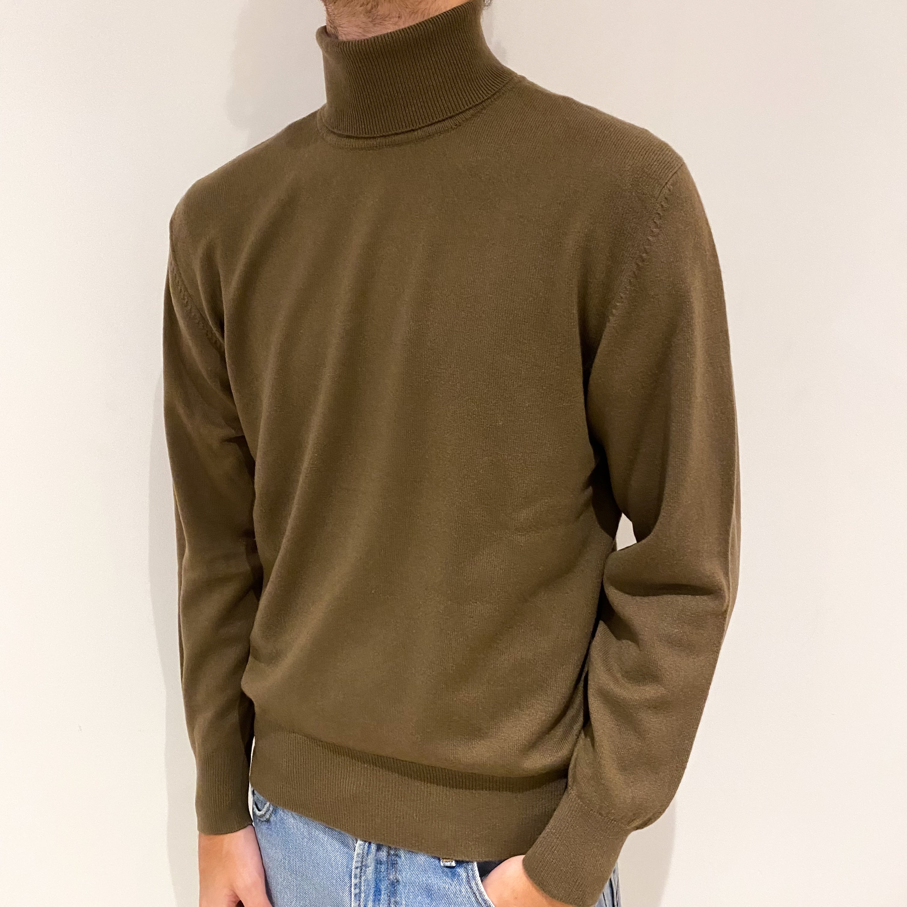 Men's Scottish Toffee Brown Cashmere Polo Neck Jumper Large