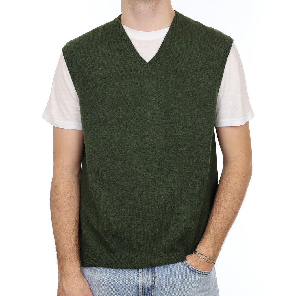 Men's Deep Moss Green Cashmere V Neck Tank Top Large