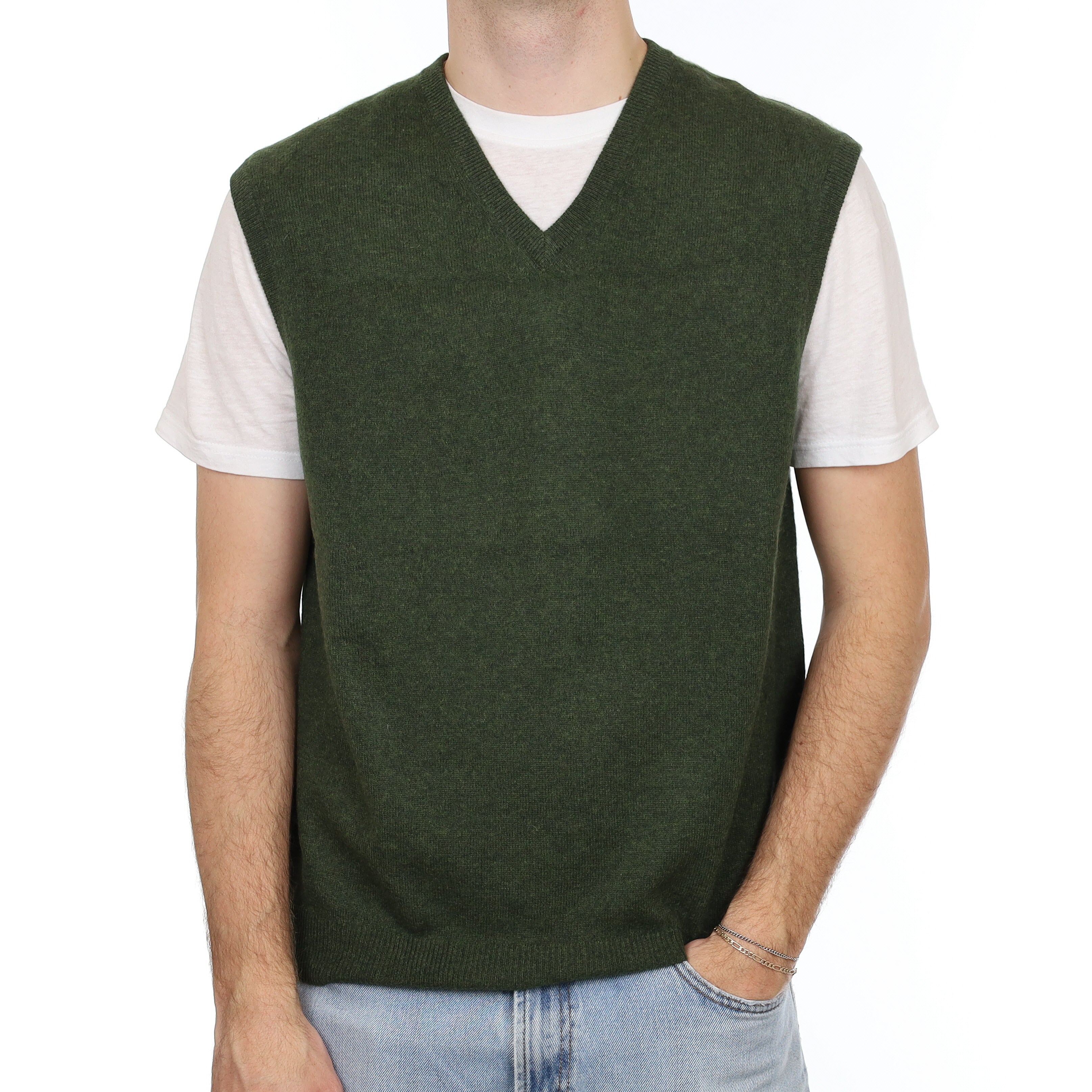 Men's Deep Moss Green Cashmere V Neck Tank Top Large