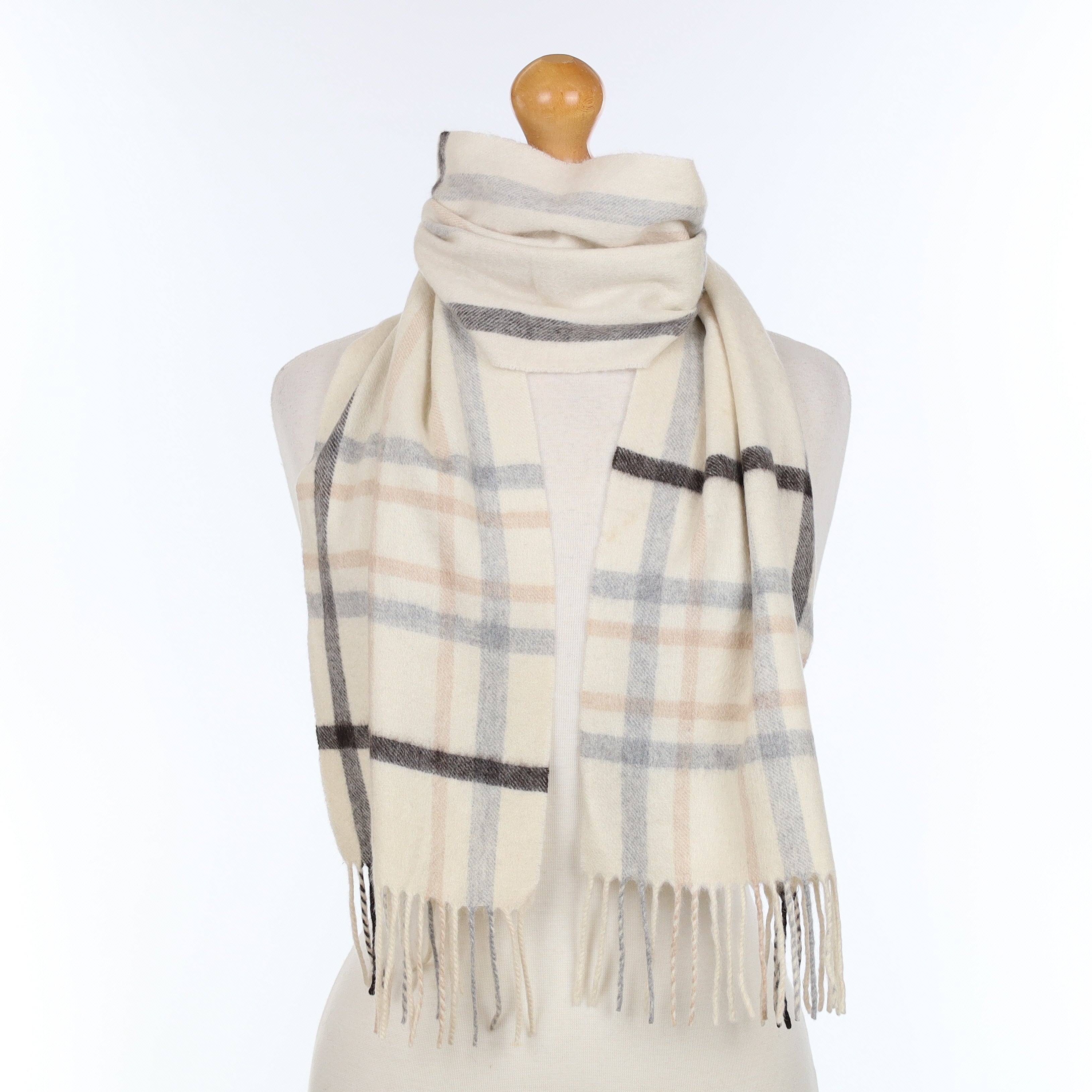 Cream Grey and Black Patterned Cashmere Woven Scarf
